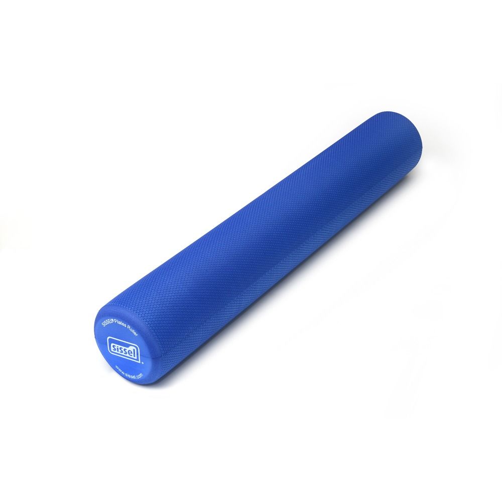 Blauer Sissel Pilates Roller Pro. Zylindrische Form, geriffelte Oberfläche. Sissel-Logo auf einer Seite.