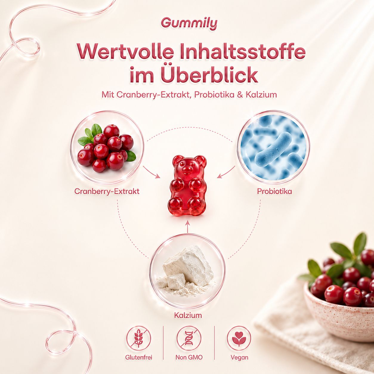 Gummily Gummibärchen: Cranberry-Extrakt, Probiotika, Kalzium. Glutenfrei, Vegan.