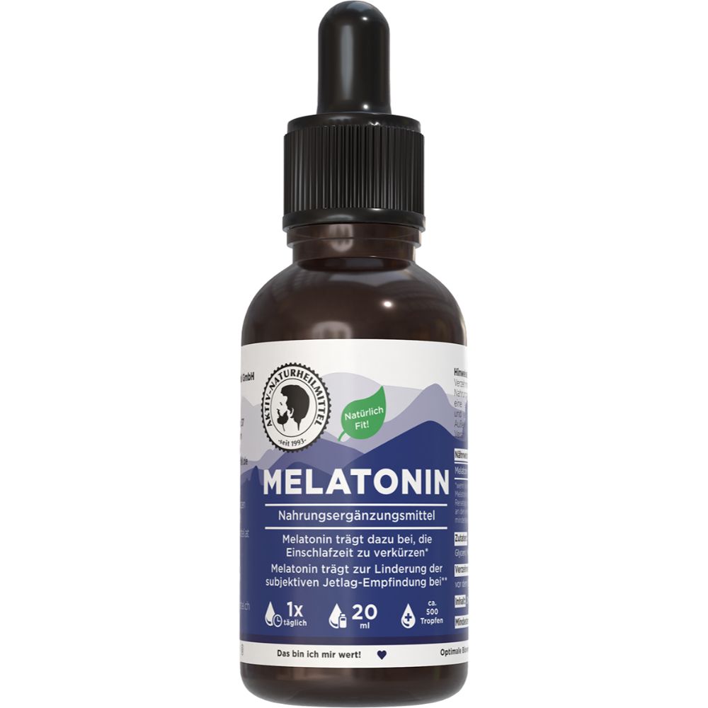 Braune Glasflasche mit schwarzem Tropfer. Etikett mit "Melatonin" und Logo. Blaue Verpackung mit Text.
