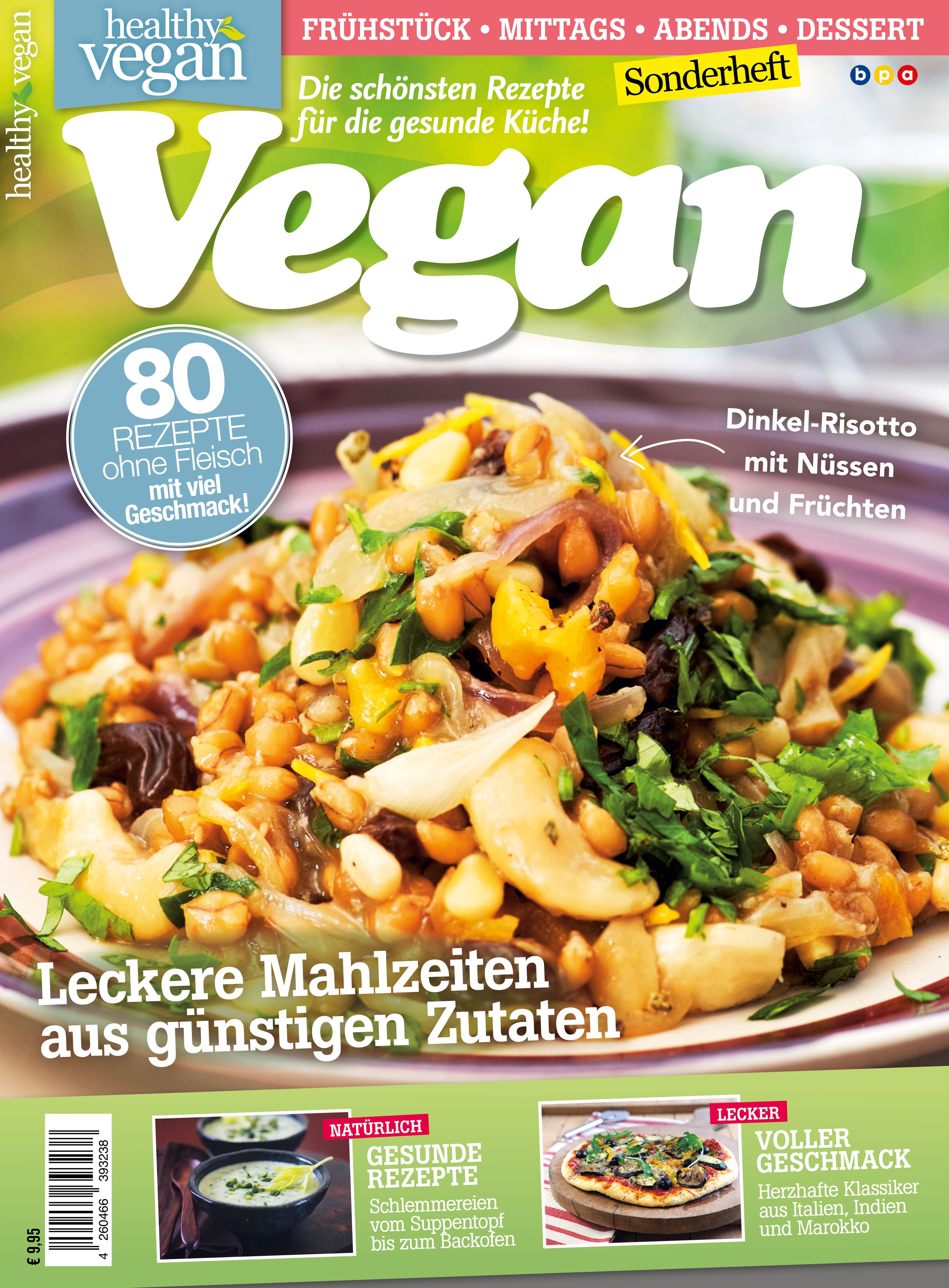 Titelbild des Healthy Vegan Sonderheft. Es zeigt ein Gericht mit Nüssen und Früchten. Auf dem Cover steht "Vegan" und "80 Rezepte ohne Fleisch".