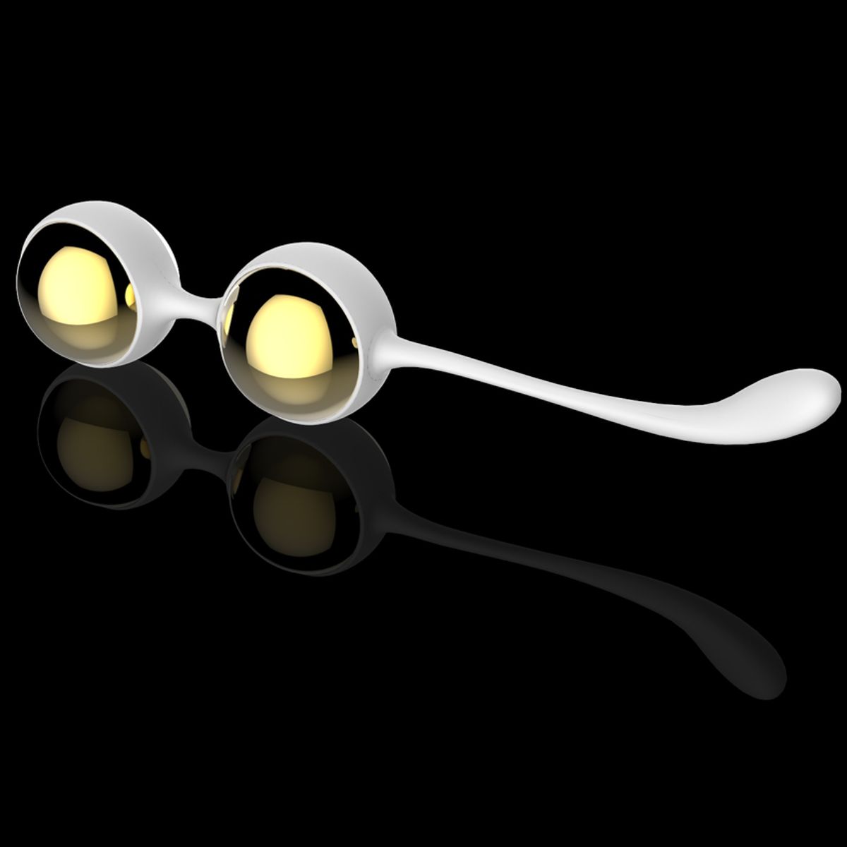 Zwei weiße Kugeln mit goldenen Innenteilen, verbunden durch einen gebogenen Stiel. Auf schwarzem Hintergrund mit Spiegelung.