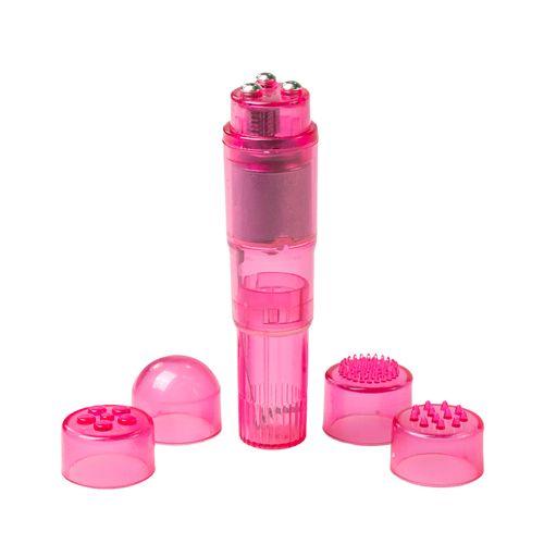 Pinkfarbenes Massagegerät mit drei Aufsätzen und drei Kugeln an der Spitze. Verschiedene Texturen.
