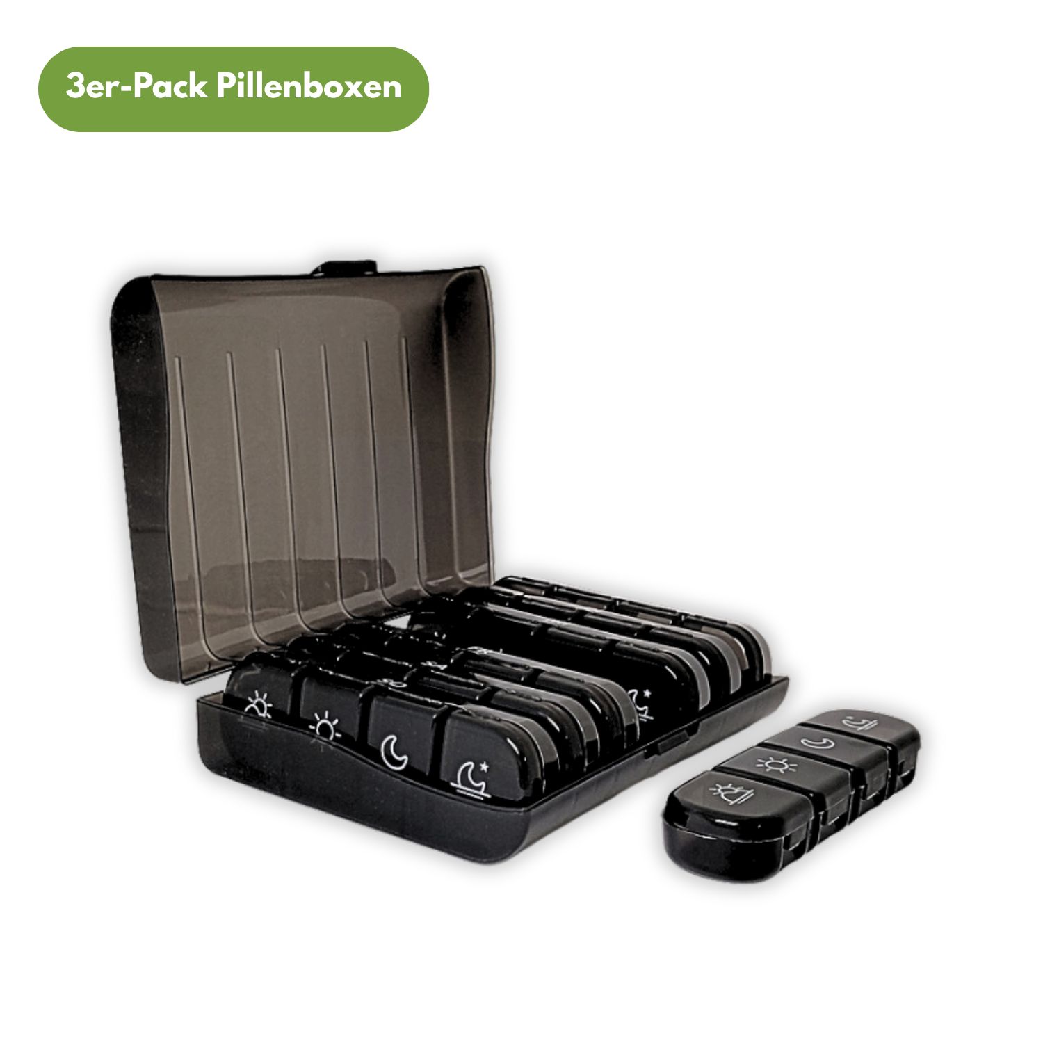 Schwarze Tablettenbox mit 4 Fächern, geöffnet. Ein separates Fach daneben. Deckel transparent.