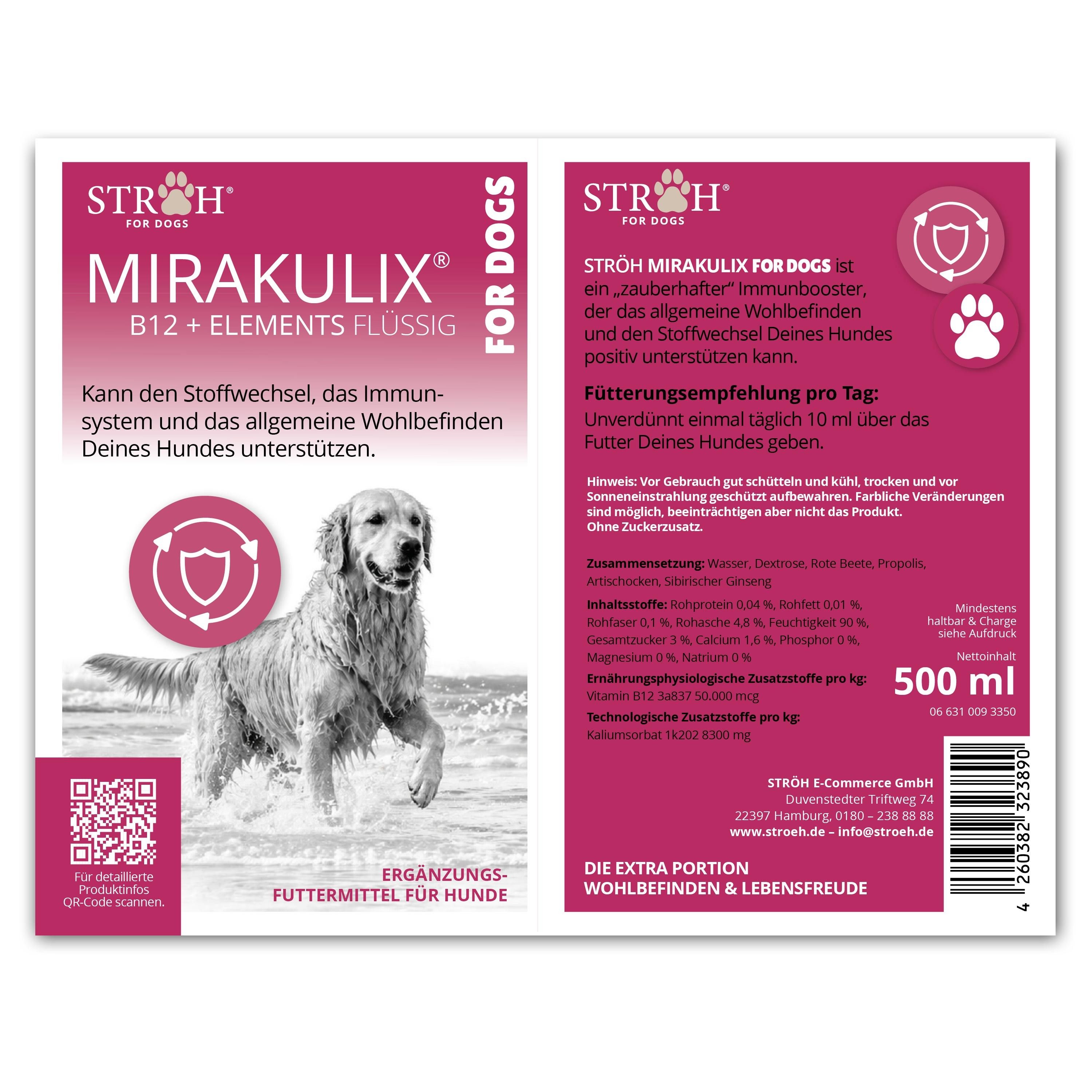 Rückseite der STRÖH MIRAKULIX B12 + ELEMENTS FLÜSSIG Dosierflasche für Hunde. Enthält detaillierte Produktinformationen und eine Abbildung eines Hundes.
