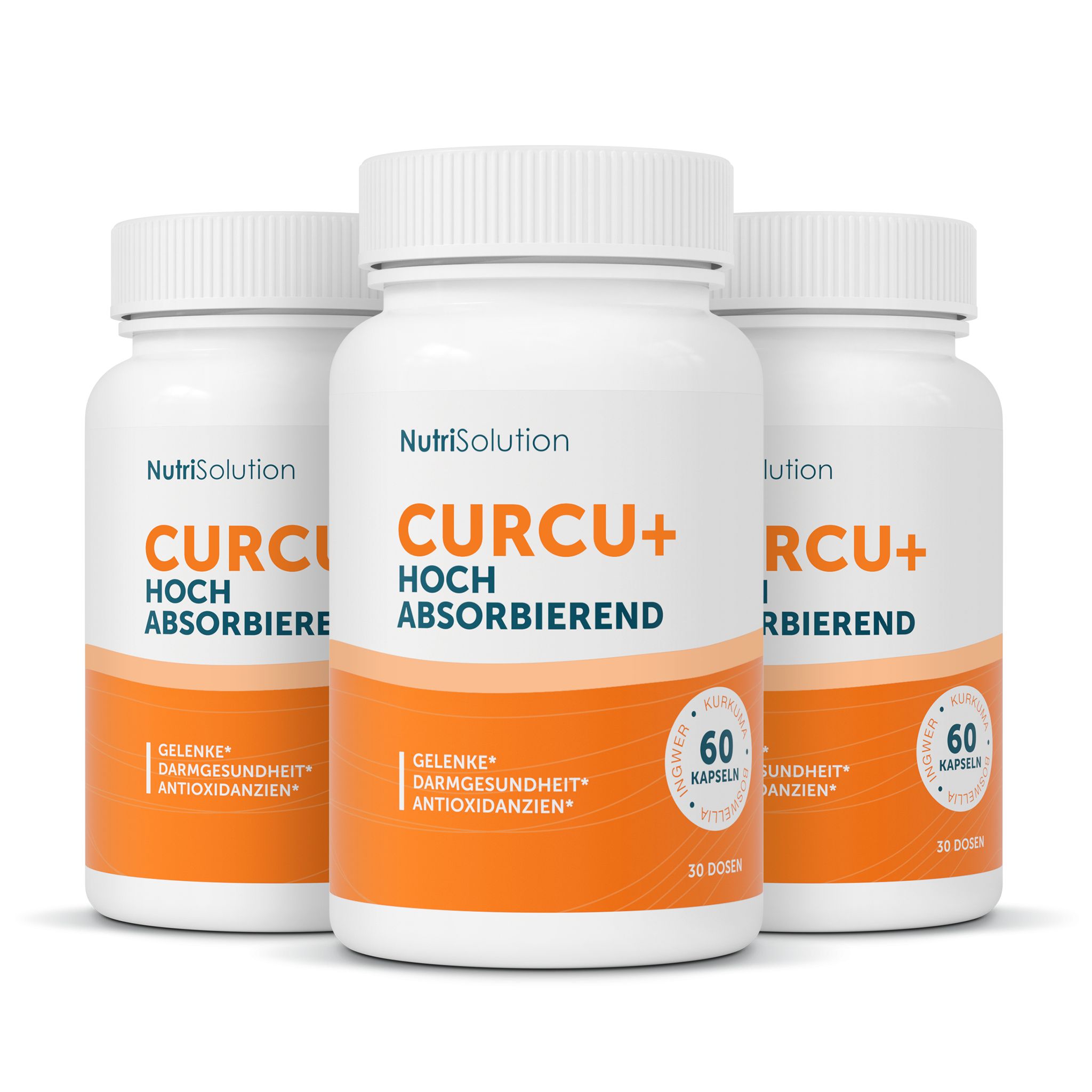 Drei Flaschen NutriSolution Curcu+ Hoch absorbierend mit je 60 Kapseln.