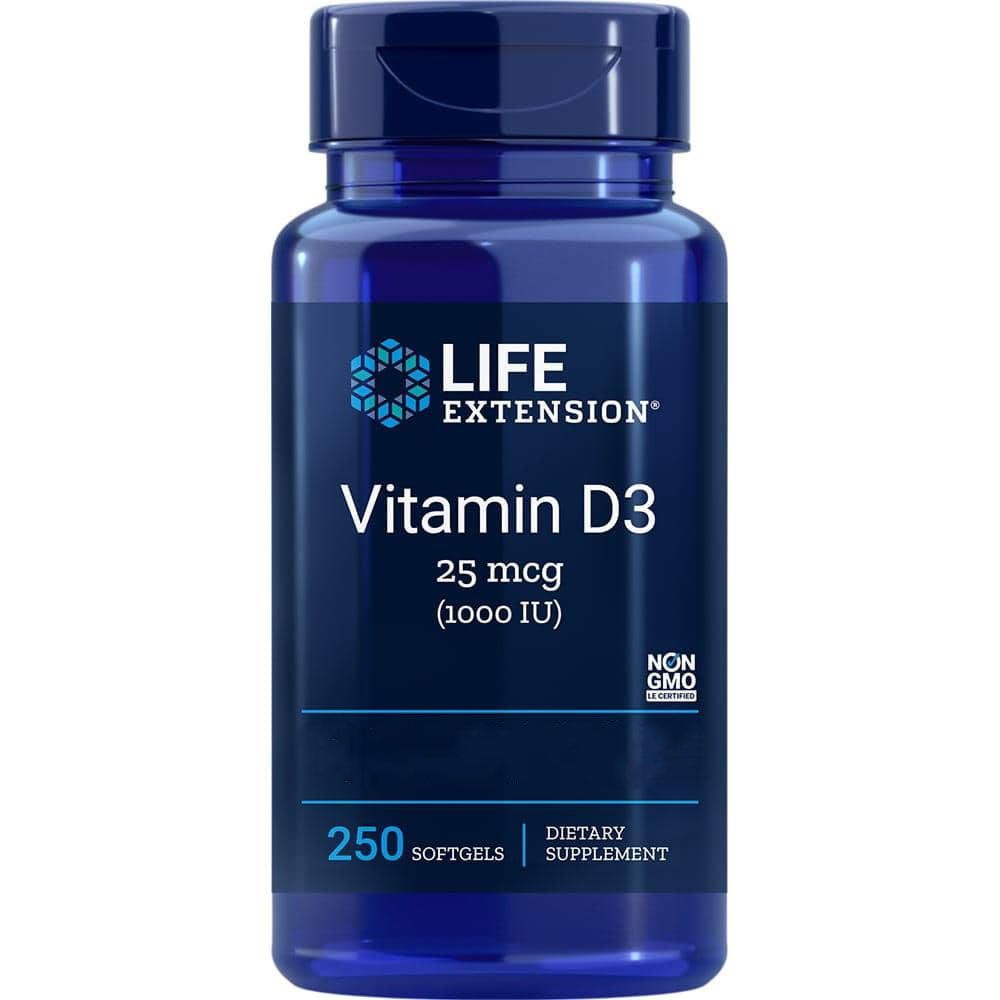 Blaue Flasche mit Vitamin D3 Softgels. Aufschrift: LIFE EXTENSION, Vitamin D3, 25 mcg, 250 Softgels, NON GMO.