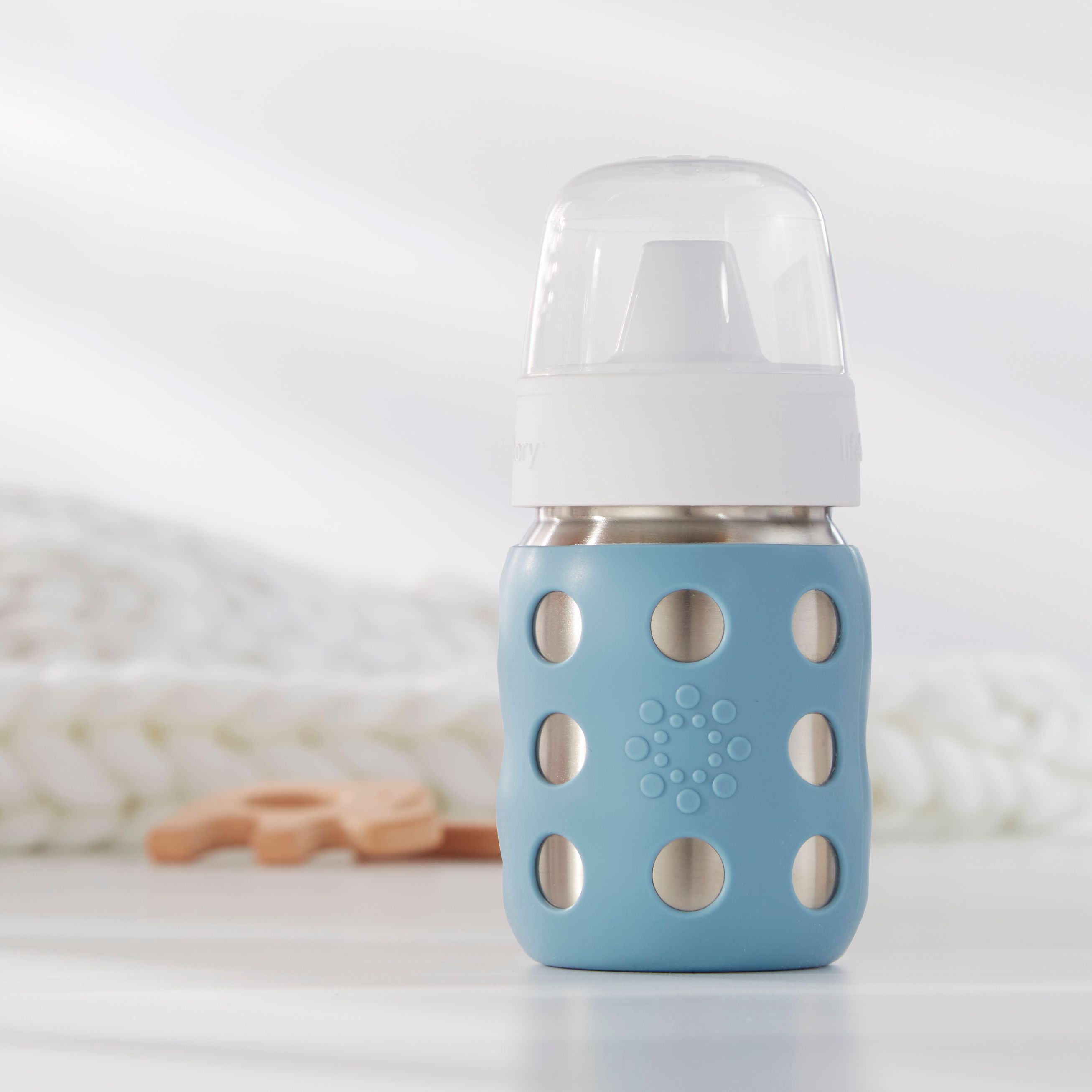 Edelstahl Baby-Weithalsflasche, 235ml, harter Schnabelsauger, denim