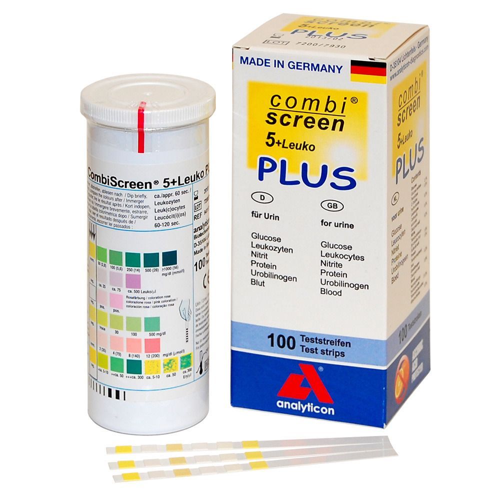 Packung und Behälter mit Teststreifen. Aufschrift CombiScreen 5+Leuko PLUS. Enthält 100 Teststreifen. Streifen liegen daneben.