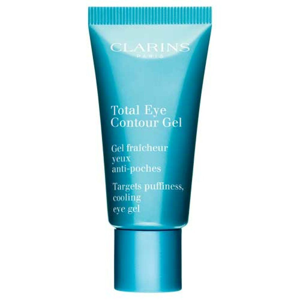 Hellblaue Tube mit Clarins Total Eye Contour Gel. Text: Gel fraîcheur yeux anti-poches, Targets puffiness, cooling eye gel.
