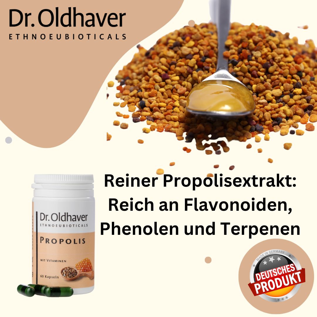 Produktabbildung: Dr. Oldhaver Propolis Kapseln. Text: Reiner Propolisextrakt. Deutsches Produkt-Siegel. Löffel mit Propolis.