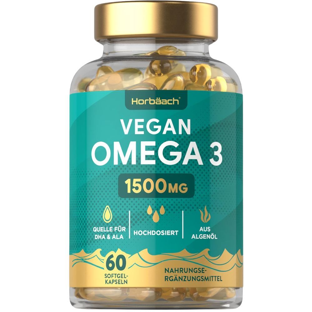 Glasflasche mit Kapseln. Aufschrift: Horbaach Vegan Omega 3 1500mg. 60 Softgel-Kapseln.