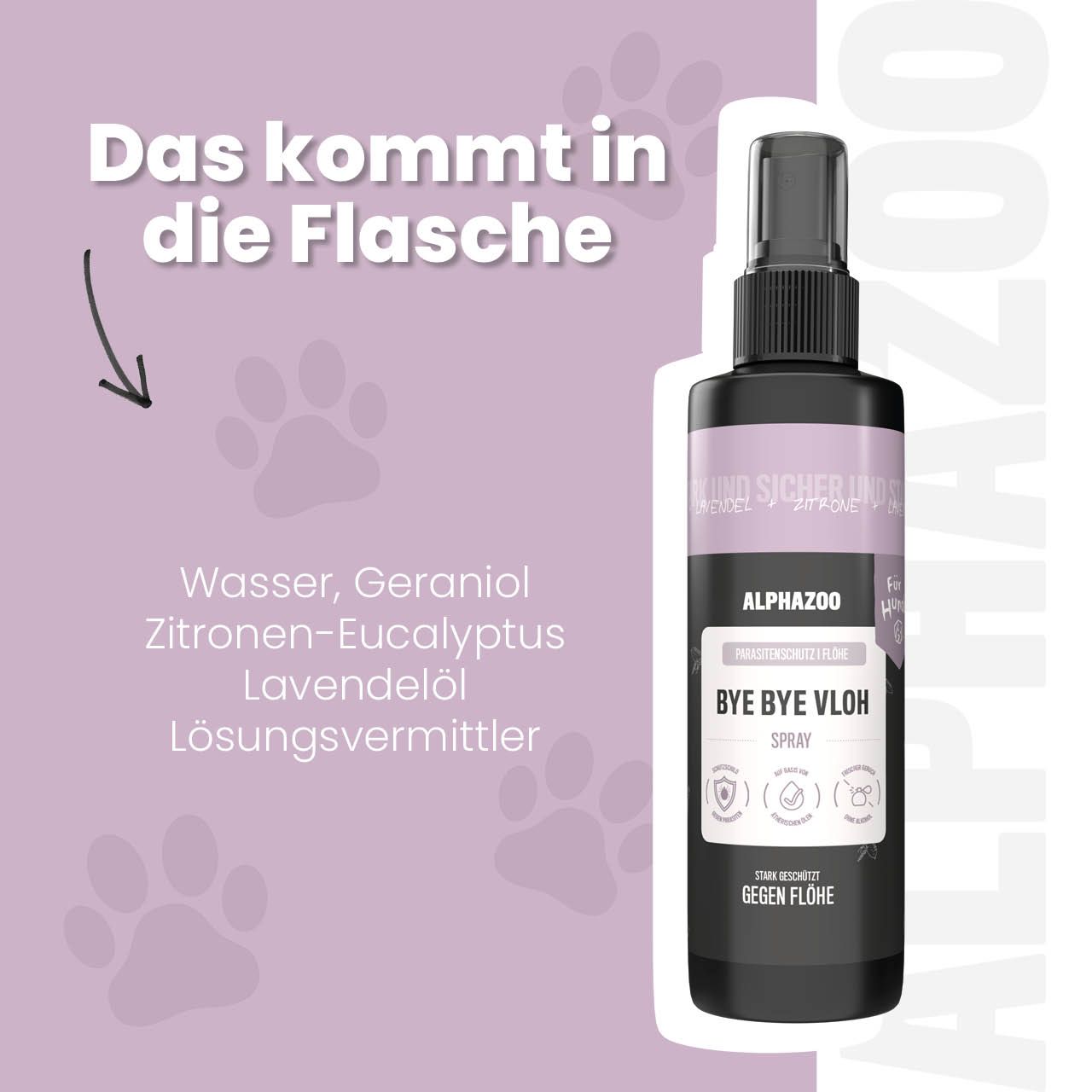 Schwarze Sprühflasche mit Text: ALPHAZOO Bye Bye Vloh Spray. Inhaltsstoffe: Wasser, Geraniol, Zitronen-Eukalyptus, Lavendelöl.
