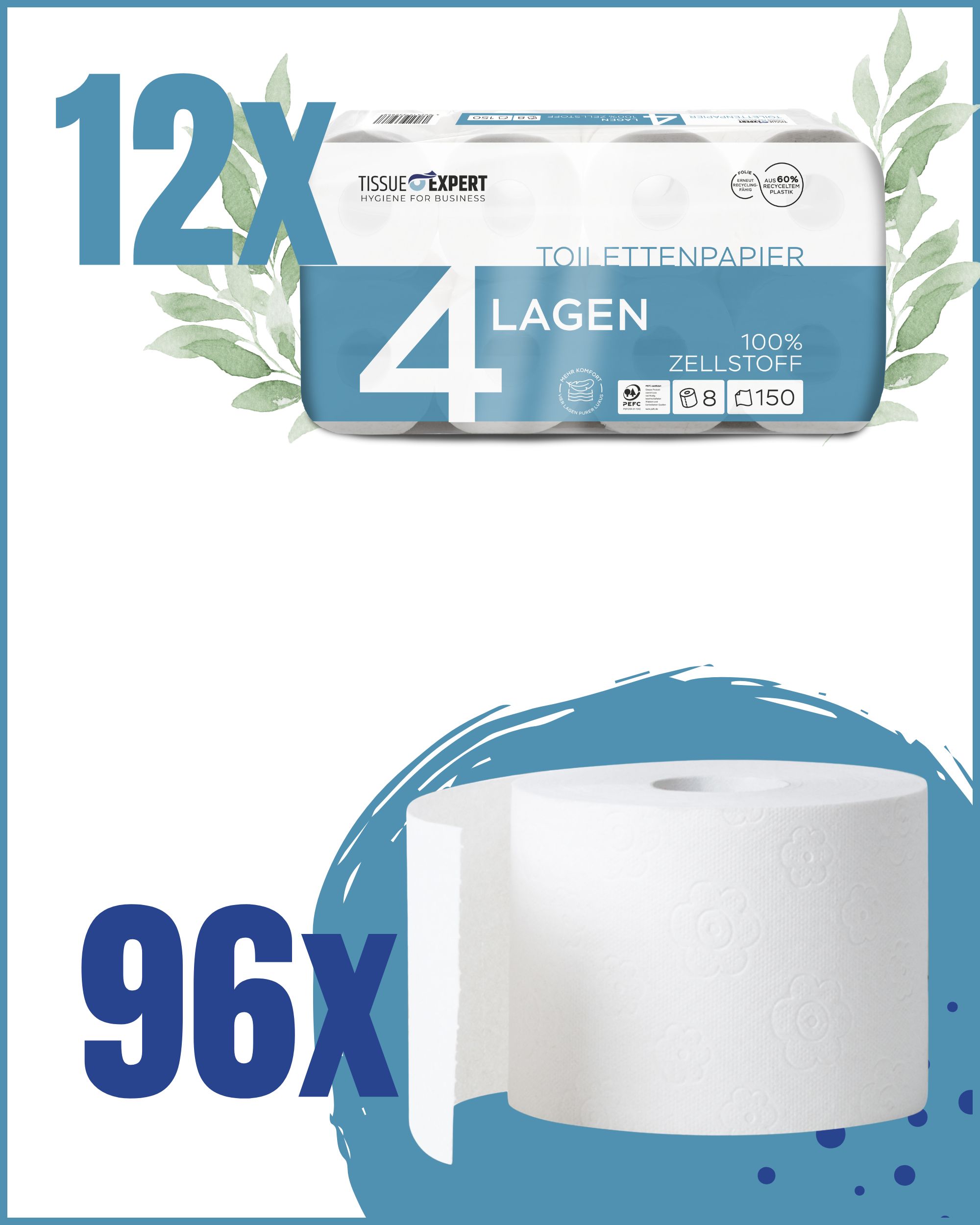 Packung Toilettenpapier, 12x. 4 Lagen, 100% Zellstoff, 8 Rollen à 150 Blatt. Einzelne Rolle daneben. 96x.