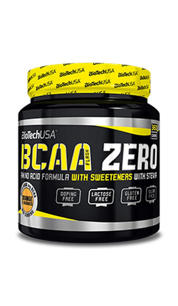 Schwarzes Glas mit gelbem Deckel. Aufschrift BCAA ZERO, BioTechUSA. Enthält Süßstoffe und Stevia. Doping-, Laktose- und Glutenfrei.