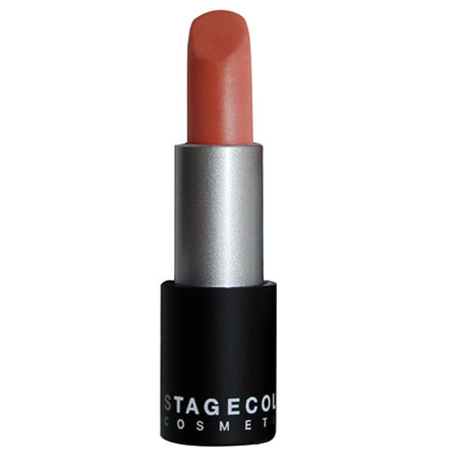 Lippenstift, nude-farben. Silberne Hülse mit schwarzem Boden. Aufschrift: STAGECOLOR COSMETICS.