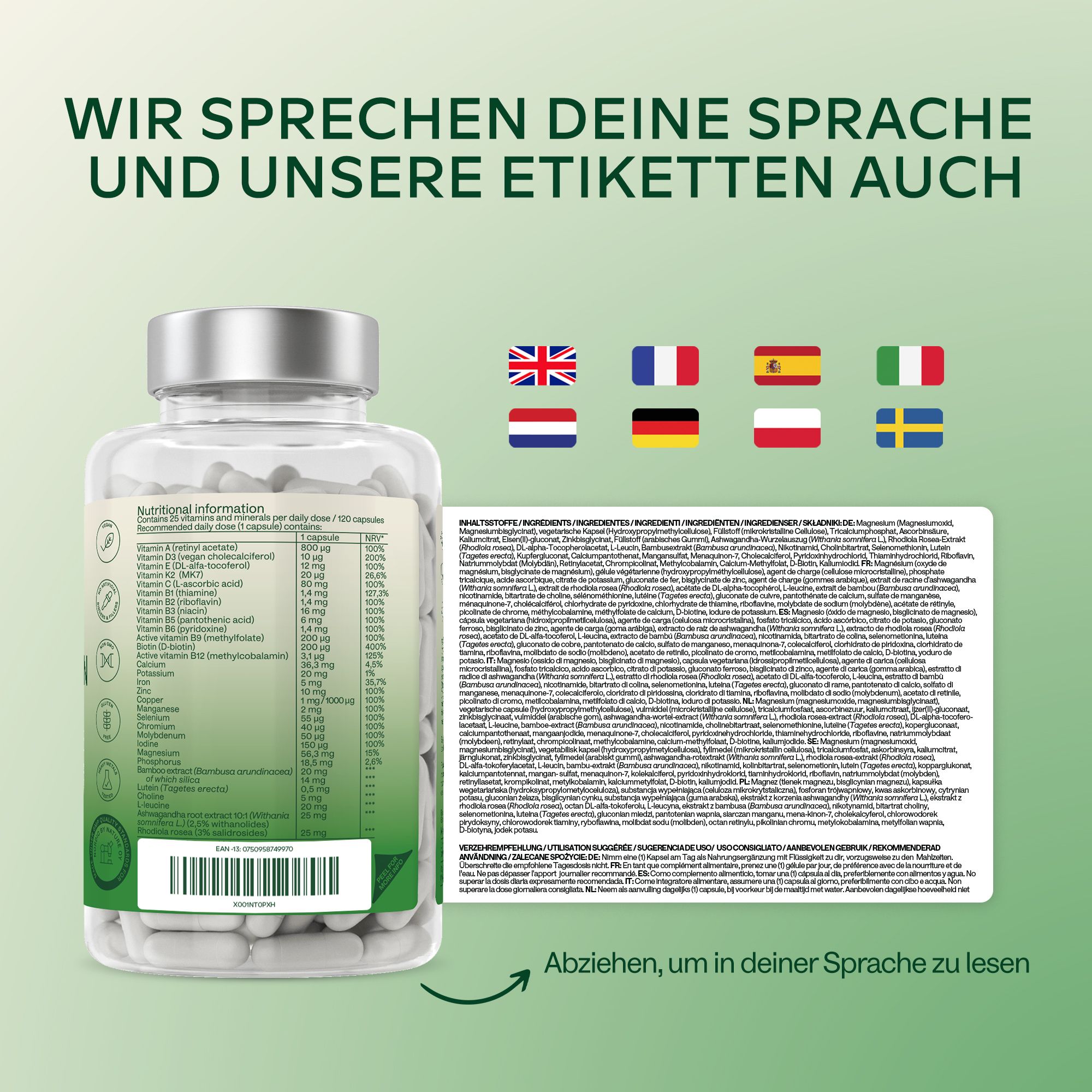 Flasche mit Kapseln und Text. Aufschrift: AAVALABS Multivitamin Complex. Etiketten in verschiedenen Sprachen.