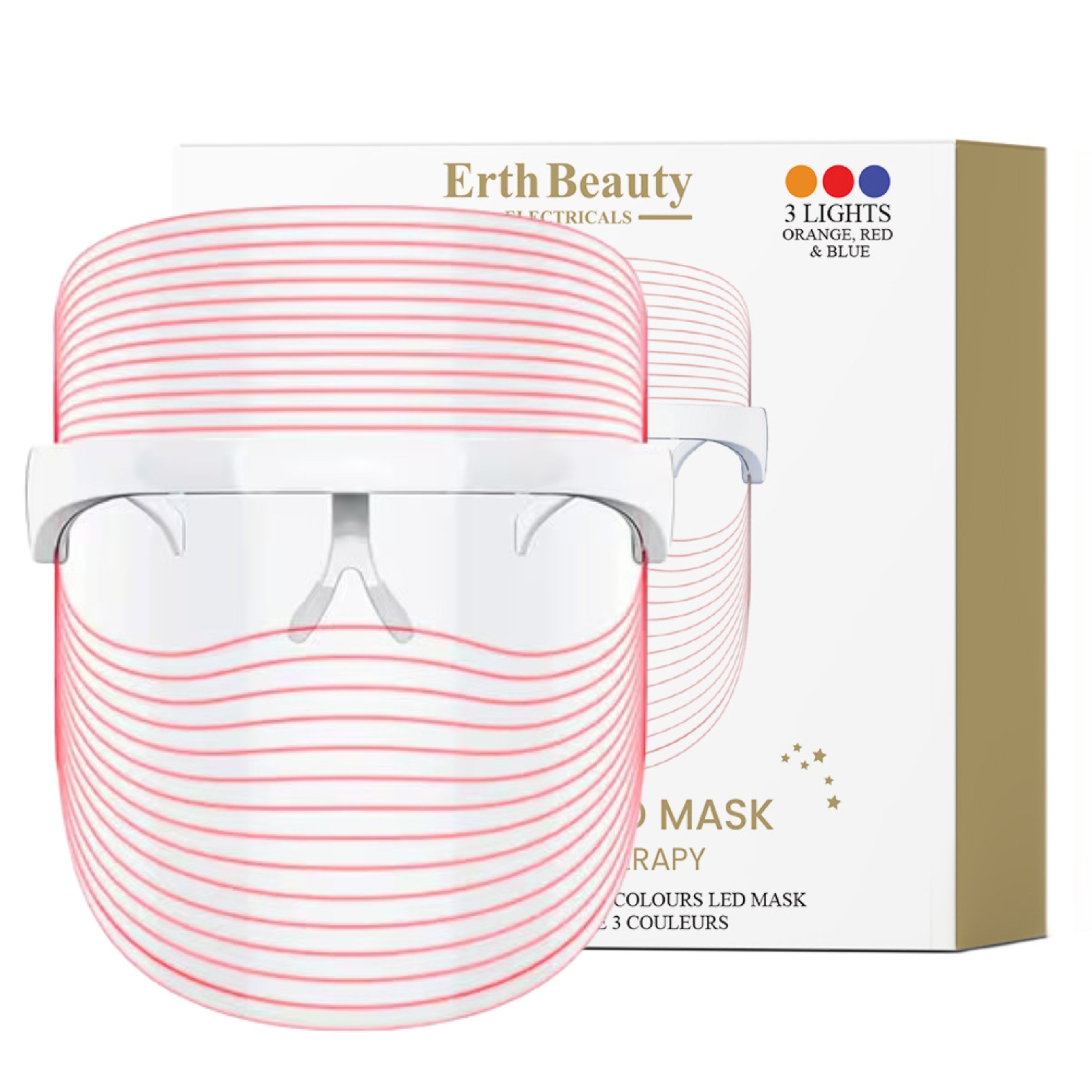 Erth Skin London 3-Farben-LED-Maske mit Schutzbrille und Verpackung.
