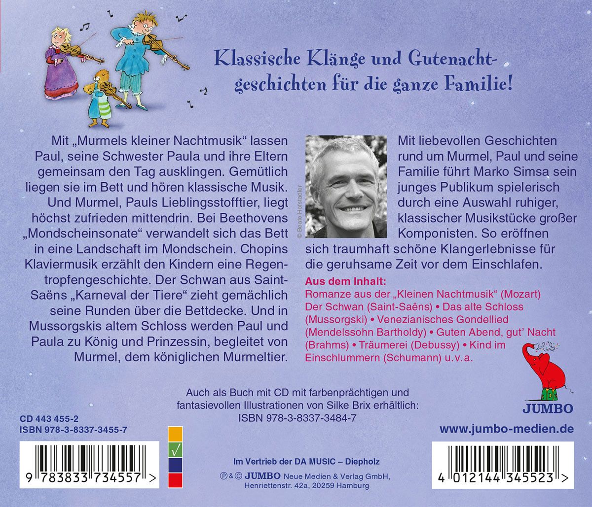 Rückseite der CD-Hülle. Text und Foto von Marko Simsa. Titel: Klassik-Hits zum Träumen: Murmels kleine Nachtmusi. JUMBO-Logo.