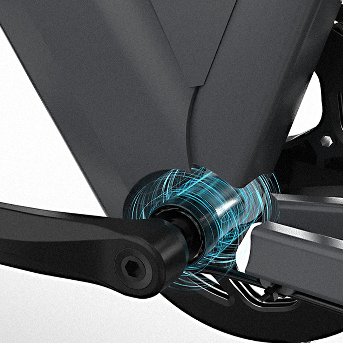 Nahaufnahme des Tretlagers. Schwarze Pedale und Komponenten mit blauen Lichteffekten.