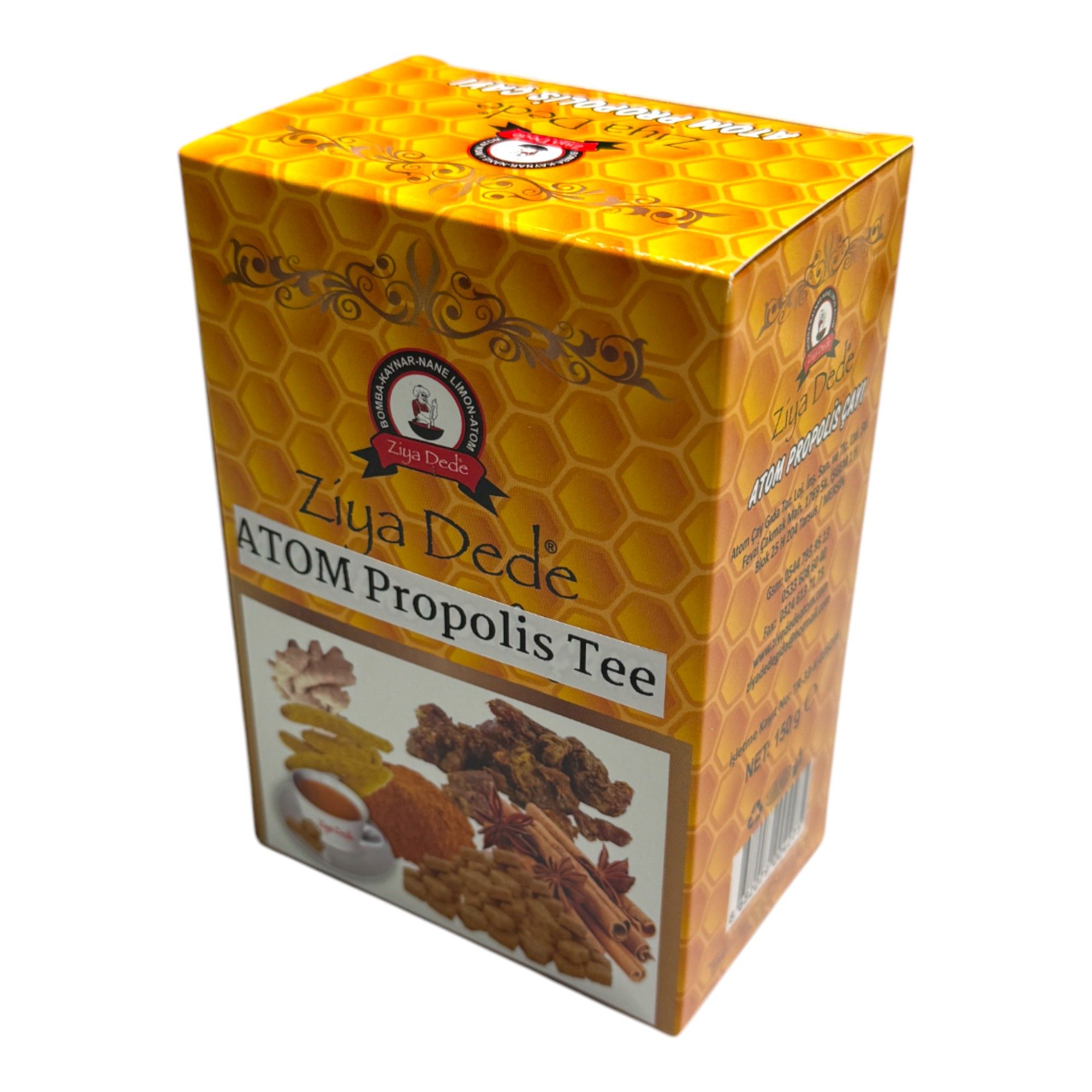Boîte en carton Ziya Dede ATOM Propolis Tee. Motif nid d'abeilles. Illustration des ingrédients.