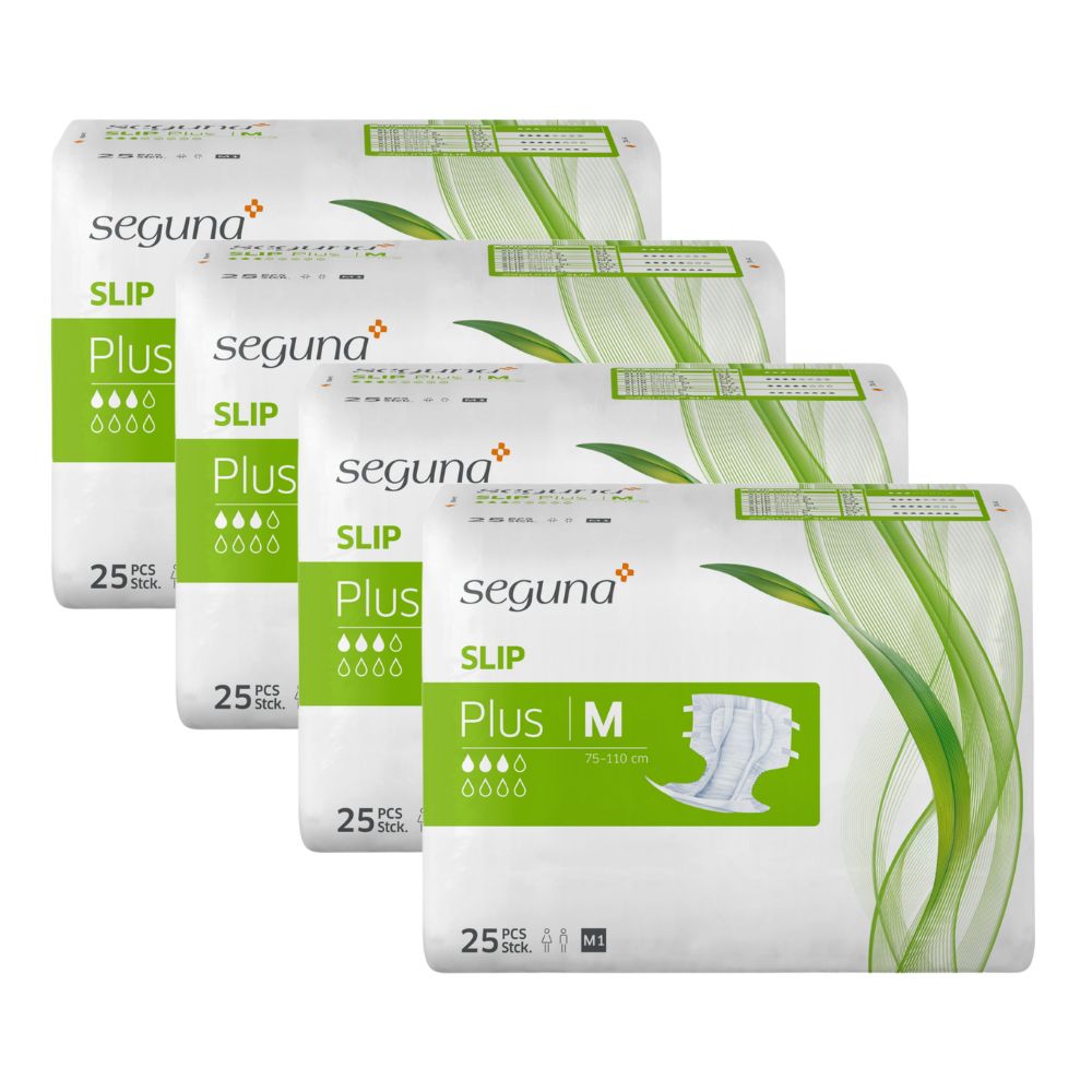 Verpackung von SEGUNA Slip Plus. Vier Packungen, jeweils 25 Stück. Produktname und Größe M sind deutlich sichtbar.