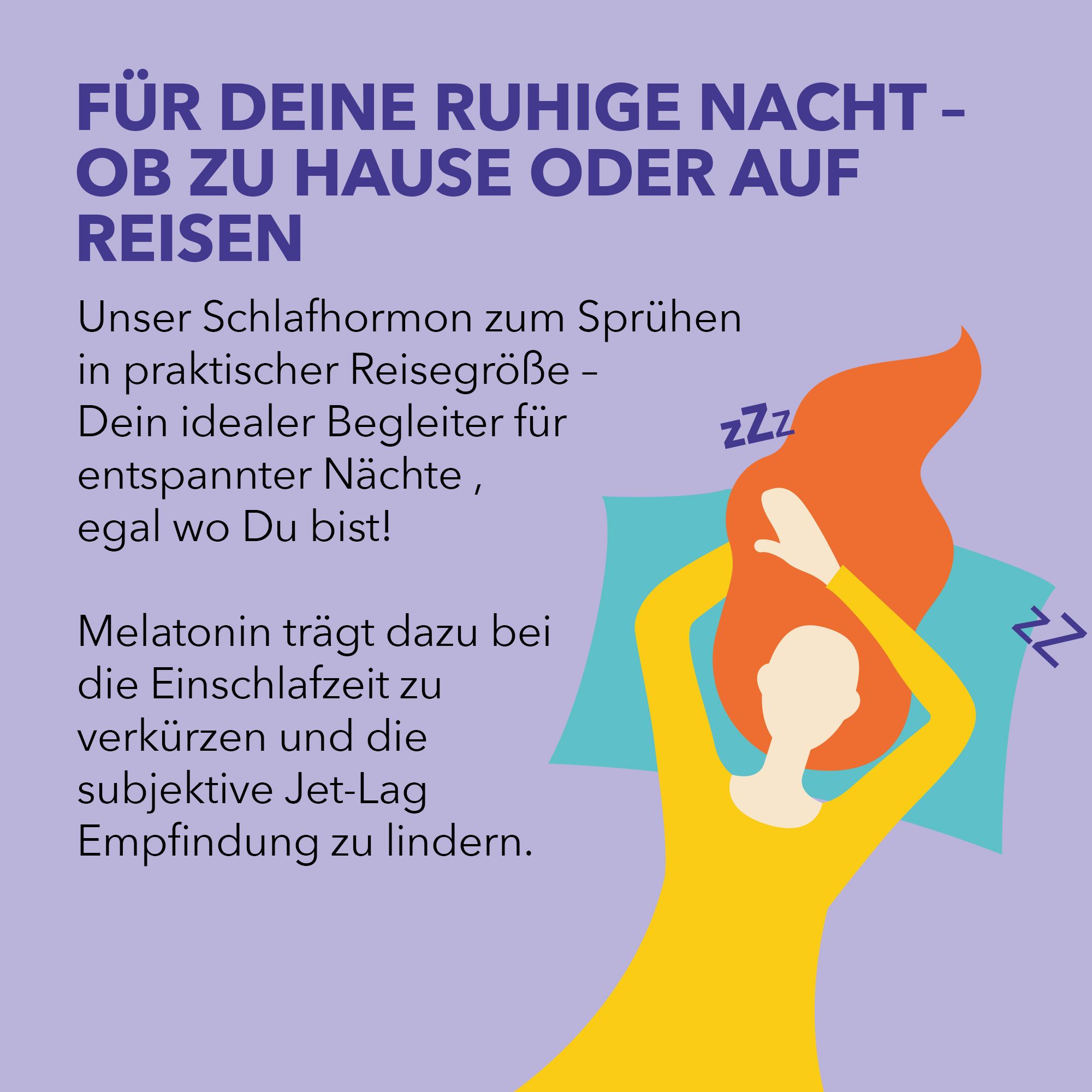 Text auf lila Hintergrund. Informationen über Melatonin-Spray. Illustration einer schlafenden Person. Praktische Reisegröße.