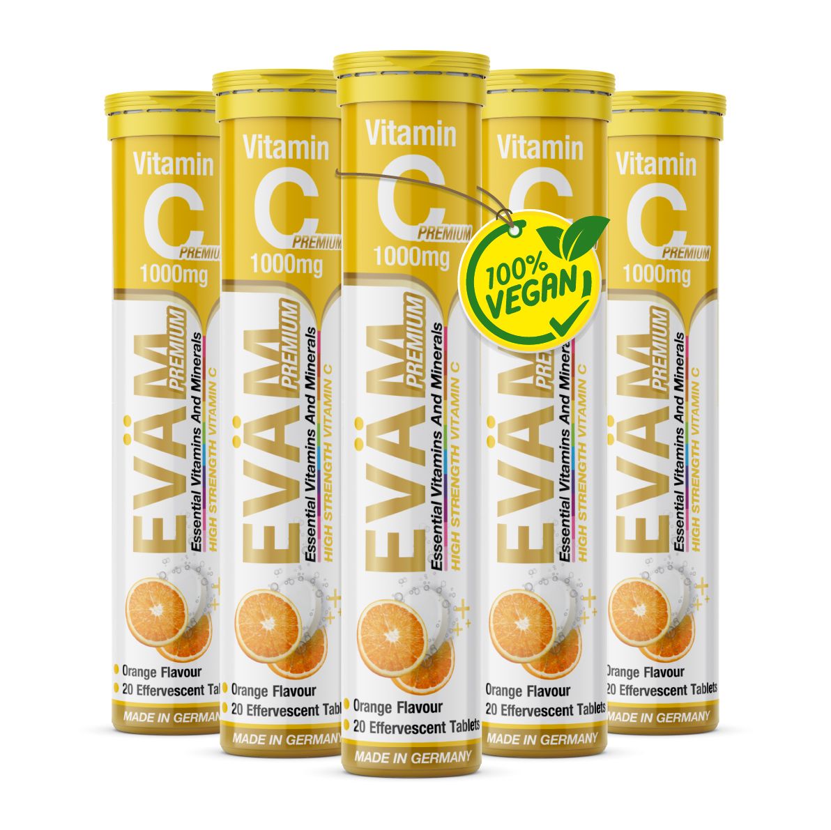 Fünf Tuben EVÄM Vitamin C 1000 mg Brausetabletten. Jede Tube enthält 20 Tabletten. Vegan-Siegel.