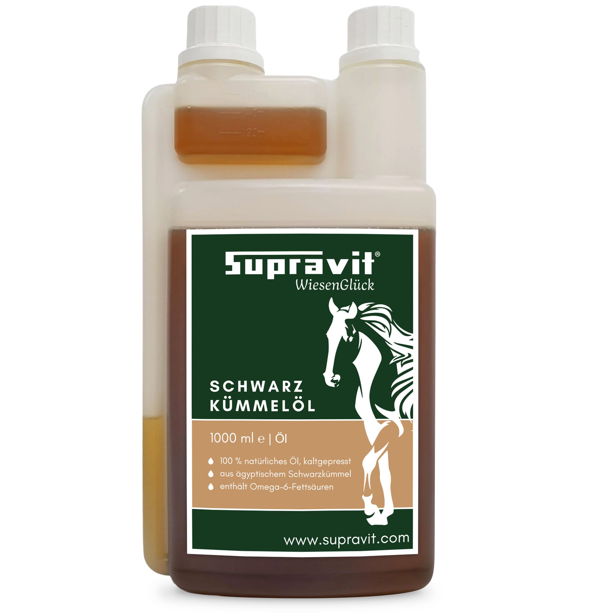 Flasche Supravit Schwarzkümmelöl. Etikett mit Produktinformationen. 1000 ml. 100% naturreines Öl. www.supravit.com.