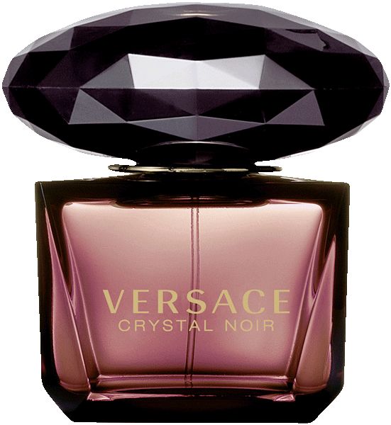 Flakon mit schwarzem Deckel. Aufschrift VERSACE CRYSTAL NOIR. Eckiger Flakon mit rosa Flüssigkeit.