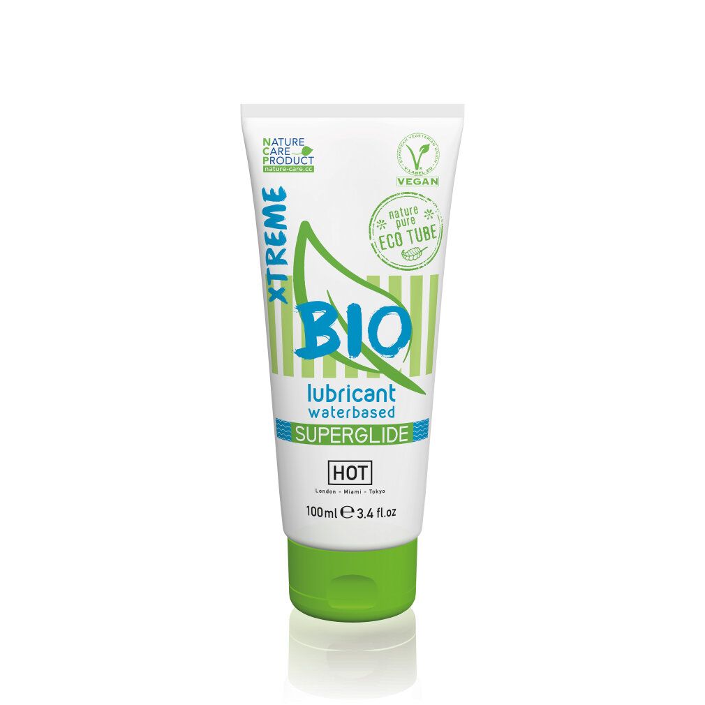 Weiße Tube mit grünem Deckel. Aufschrift BIO, SUPERGLIDE, HOT. Vegan-Siegel. 100ml.