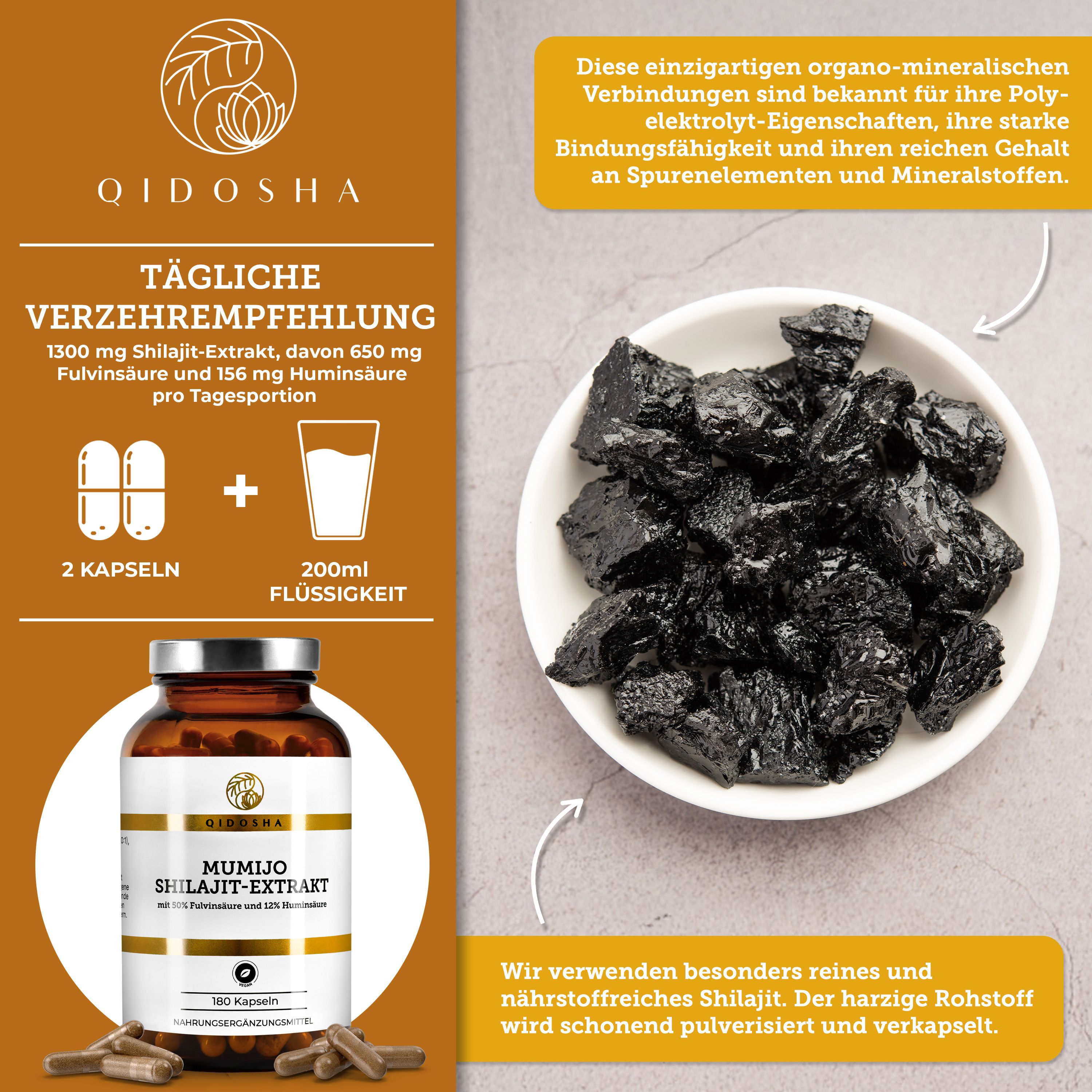 Produktabbildung mit Kapseln, Glas und Rohstoff. Aufschrift: QIDOSHA Mumijo Shilajit Extrakt, 180 Kapseln.