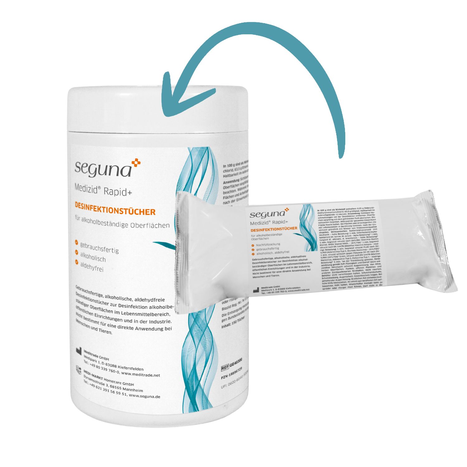 Weißer Behälter und einzelne Packung SEGUNA Medizid Rapid+ Desinfektionstücher. Produktinformationen und Logo auf beiden. Pfeil zeigt auf Packung.