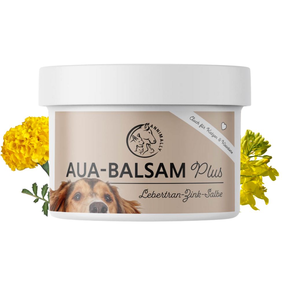 Weißer Tiegel mit Aufschrift AUA-BALSAM Plus. Logo mit Tierabbildung. Text: Lebertran-Zink-Salbe. Dekoration mit Blumen.