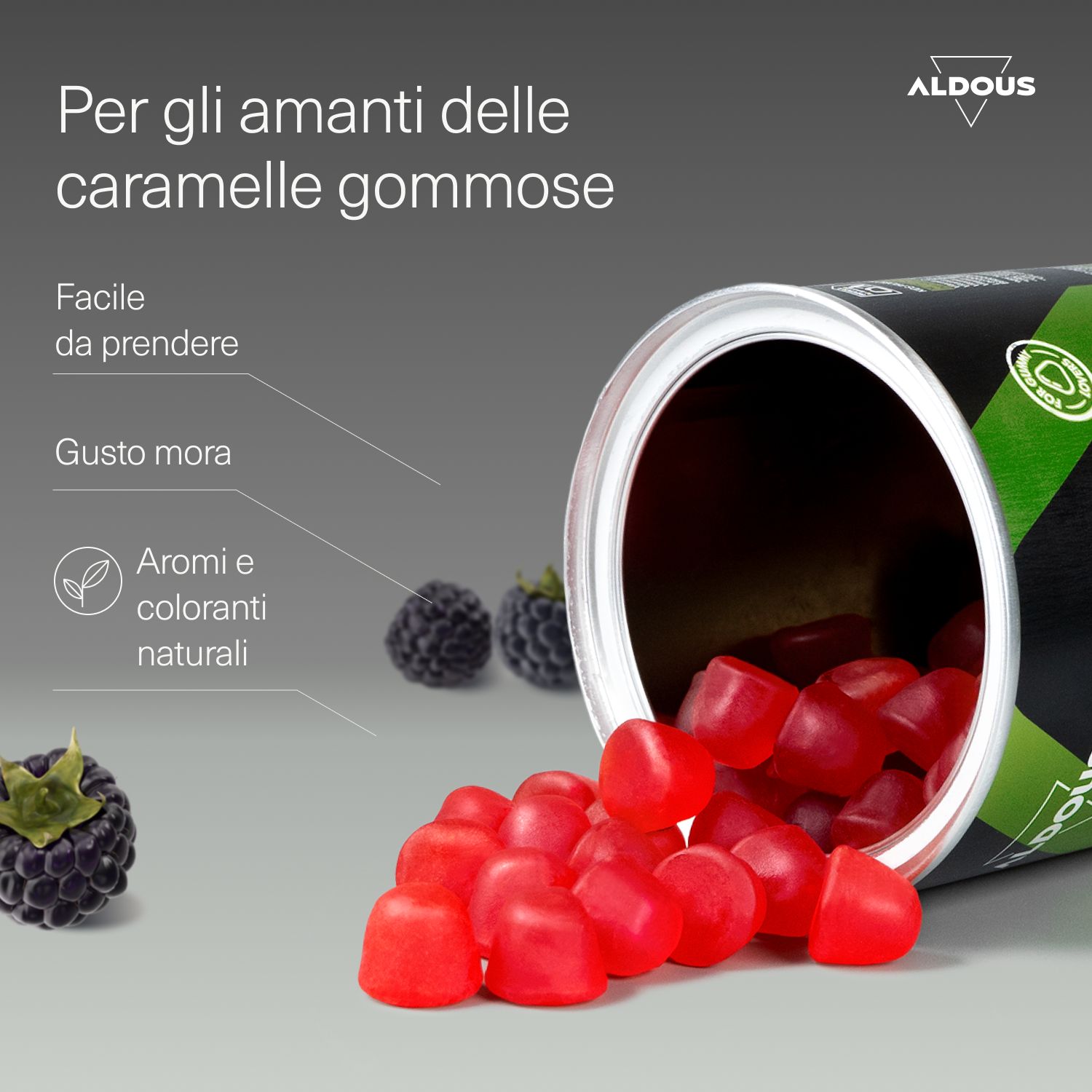 Aldous Probiotische Gummibonbons: Brombeergeschmack, natürliche Aromen, einfach zu nehmen.