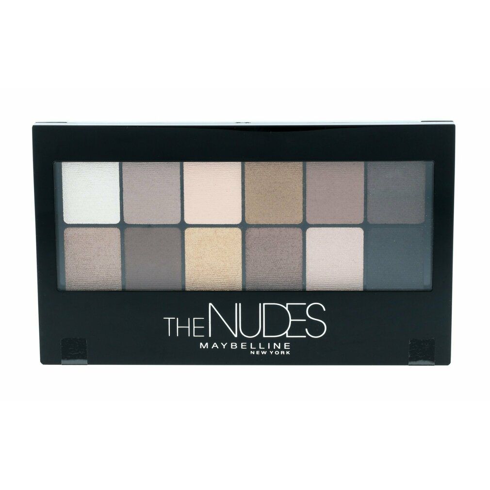 Lidschatten-Palette mit 12 Farbtönen. Schwarze Verpackung. Aufschrift: THE NUDES MAYBELLINE New York.