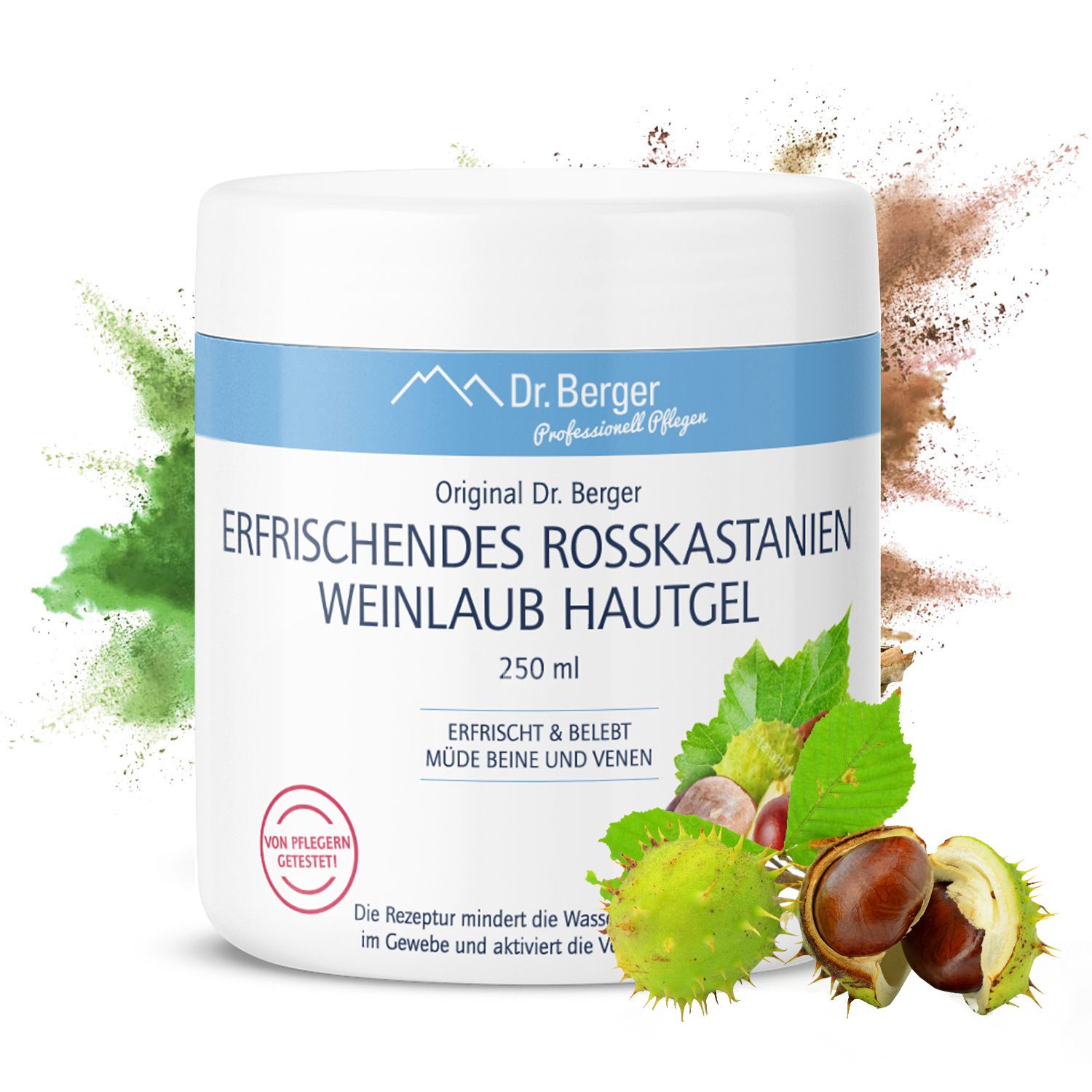Weißer Tiegel mit blauem Streifen. Aufschrift: Original Dr. Berger, ERFRISCHENDES ROSSKASTANIEN WEINLAUB HAUTGEL. Kastanien und Blätter.