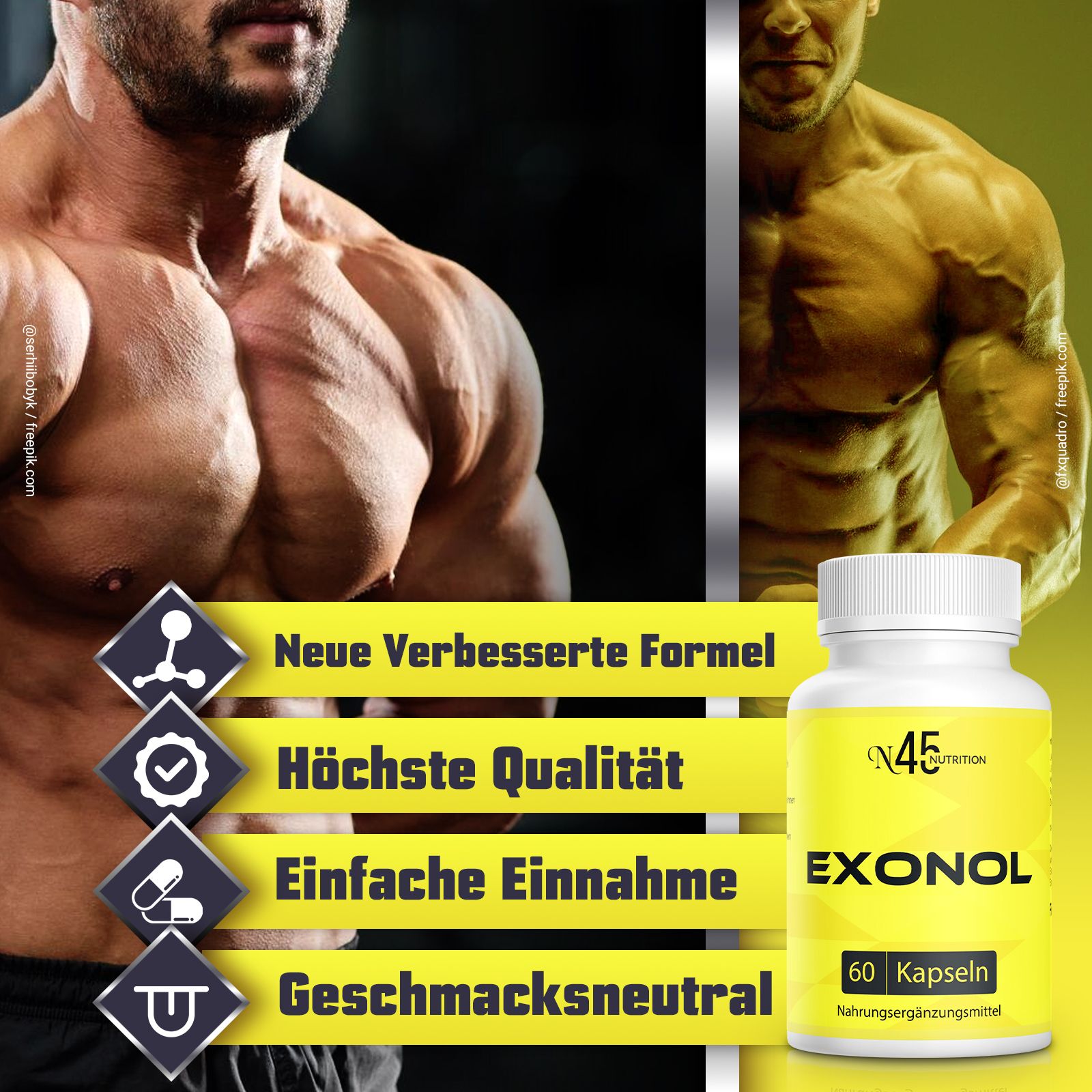 Gelbe Flasche mit weißem Deckel. Aufschrift: EXONOL, 60 Kapseln. Text: Neue verbesserte Formel, Höchste Qualität, etc.