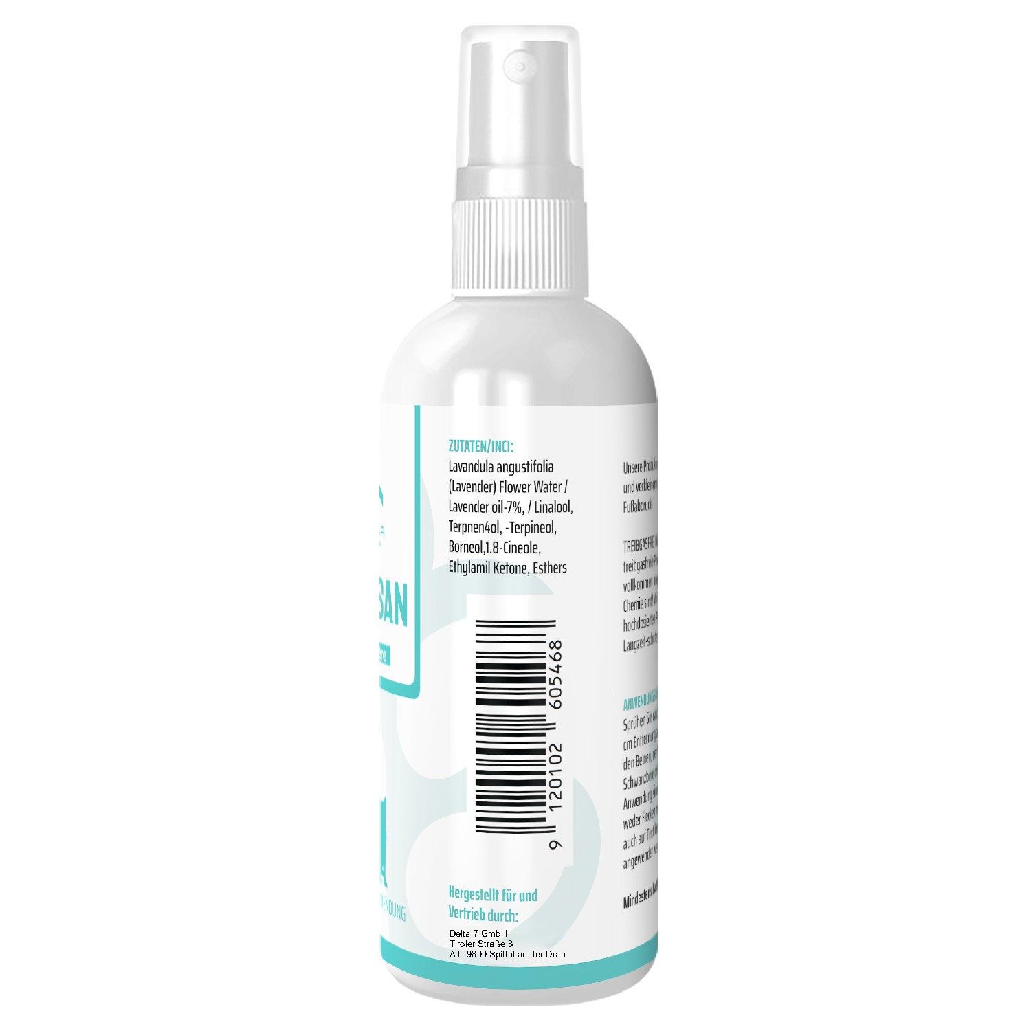 Rückseite der Zeckosan Spray-Flasche. Barcode und Text in deutscher Sprache. Enthält Informationen über Inhaltsstoffe. Weißes Fläschchen mit Sprühkopf.