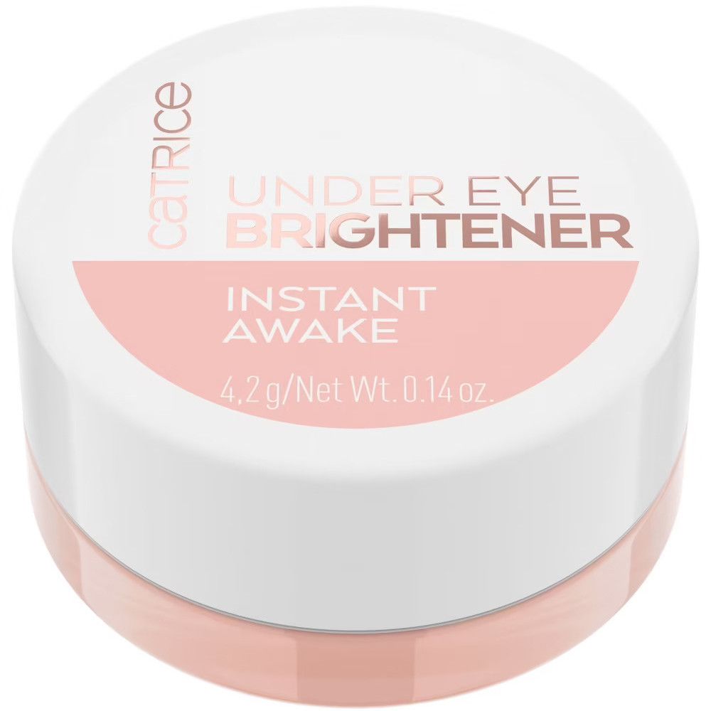 Runder Tiegel mit weißem Deckel und rosa Produkt. Aufschrift: Catrice, Under Eye Brightener, Instant Awake, 4.2 g/Net Wt. 0.14 oz.