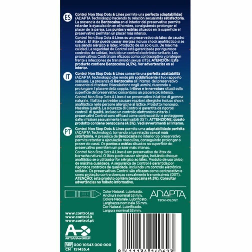Verpackung von Control Non Stop Dots & Lines. 12 Kondome. Grün-blaue Schachtel mit Produktnamen und Logo.