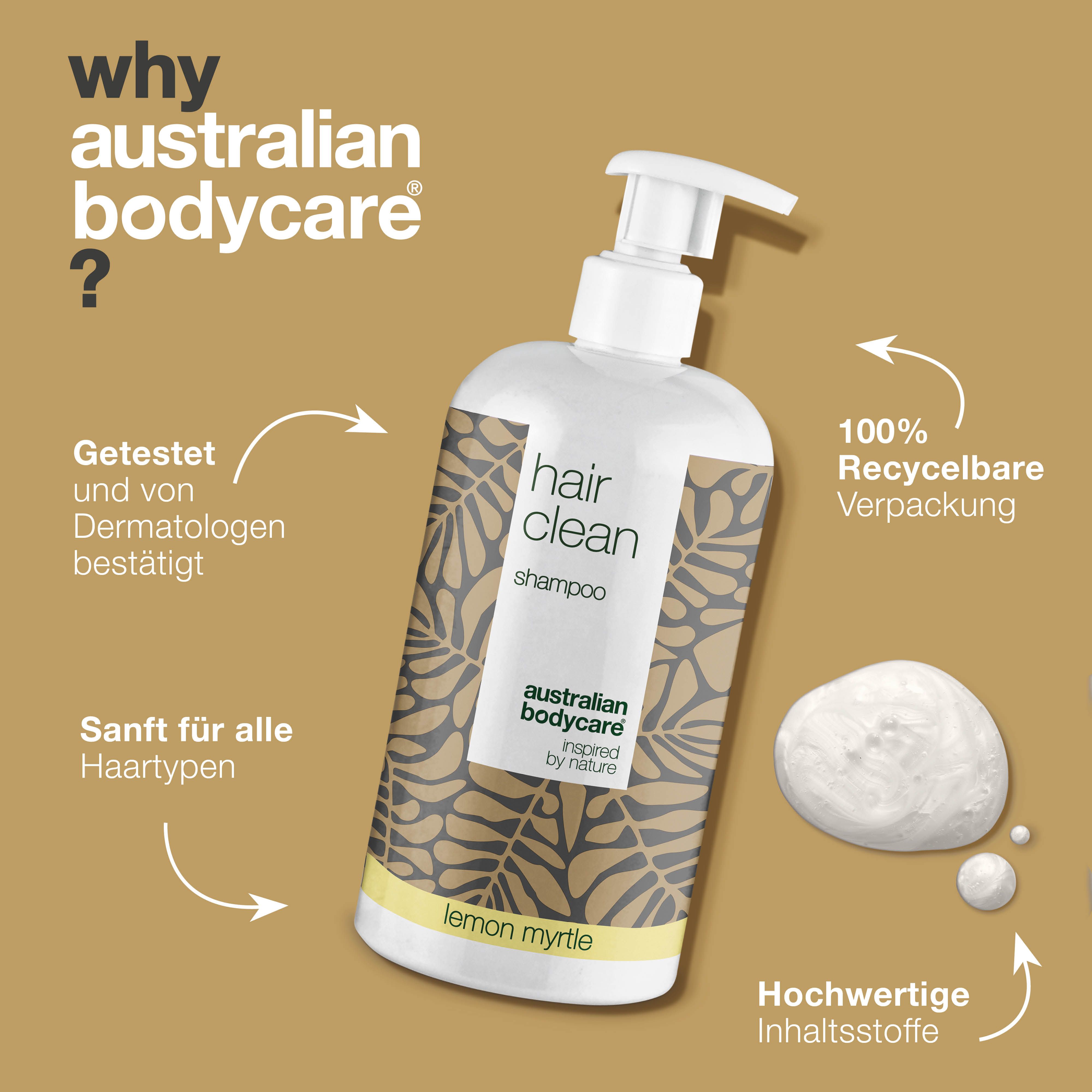 Shampoo-Flasche mit Text. Text: Getestet, sanft, recycelbare Verpackung, hochwertige Inhaltsstoffe.