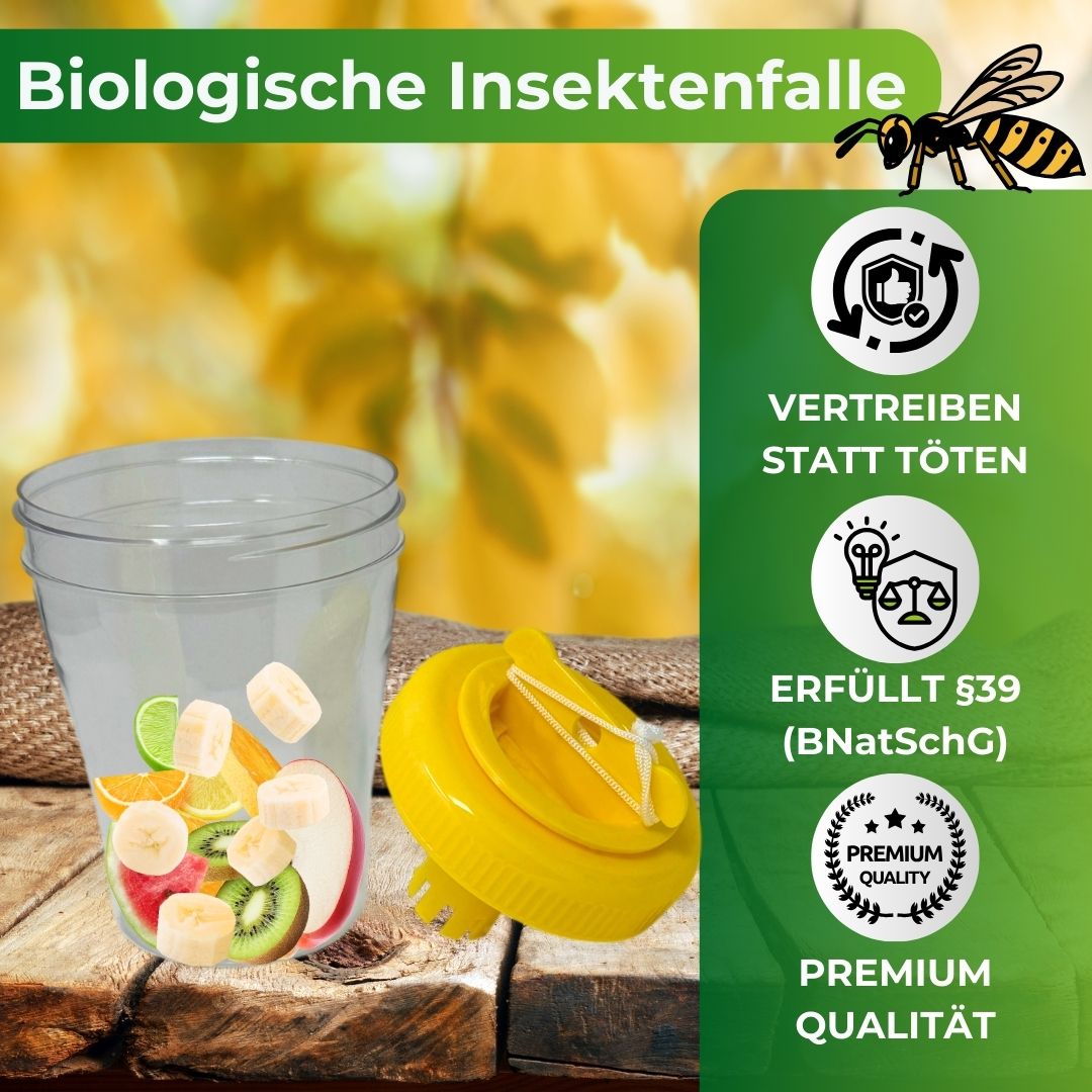 Transparente Insektenfalle mit gelbem Deckel. Früchte im Inneren. Text: "Vertreiben statt töten".