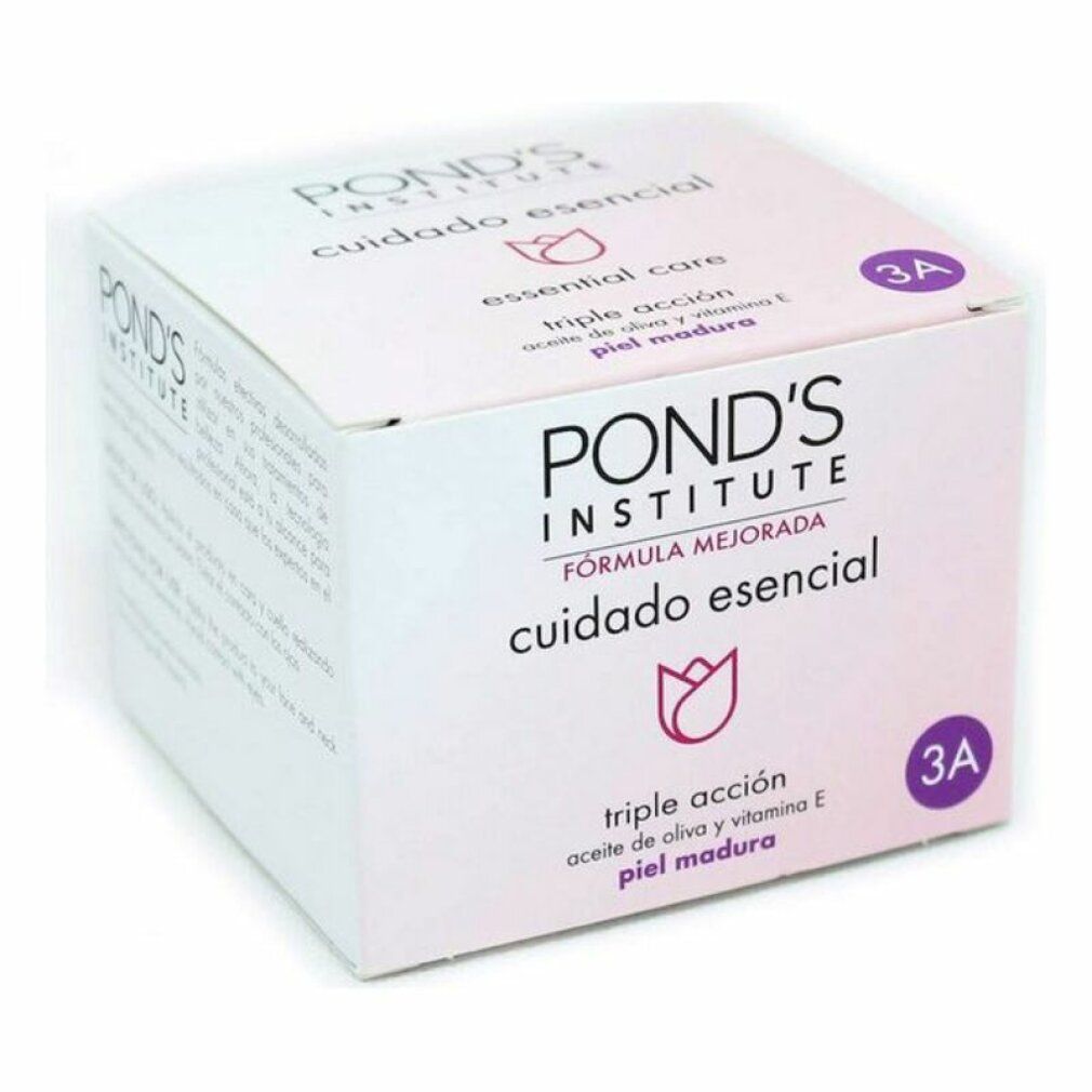 Pond's Institute Verpackung. Aufschrift: cuidado esencial, triple acción, piel madura. Lila Akzent. Schräge Ansicht.