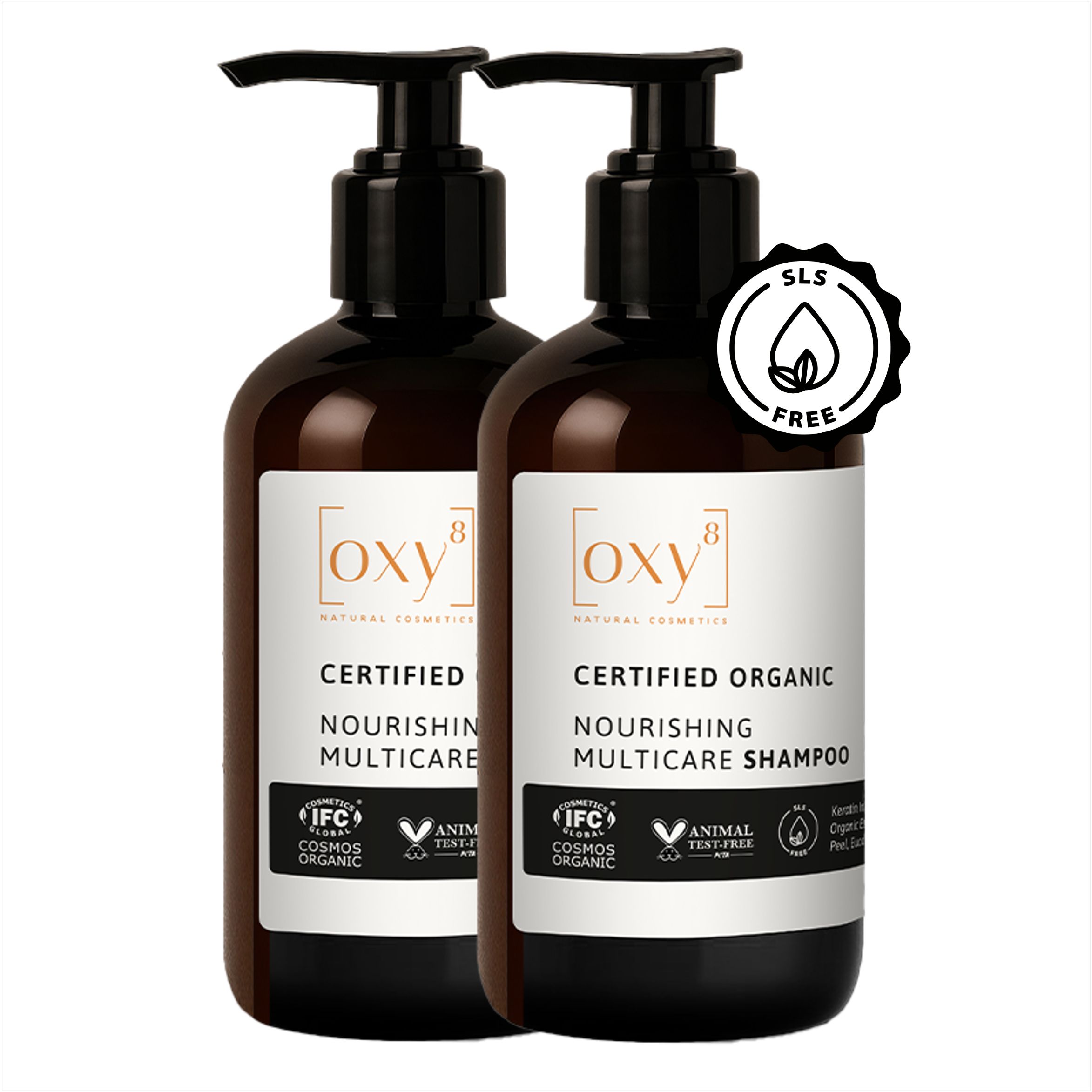Zwei braune Flaschen mit schwarzem Pumpverschluss. Auf den Etiketten steht "oxy8" und "Nourishing Multicare Shampoo".