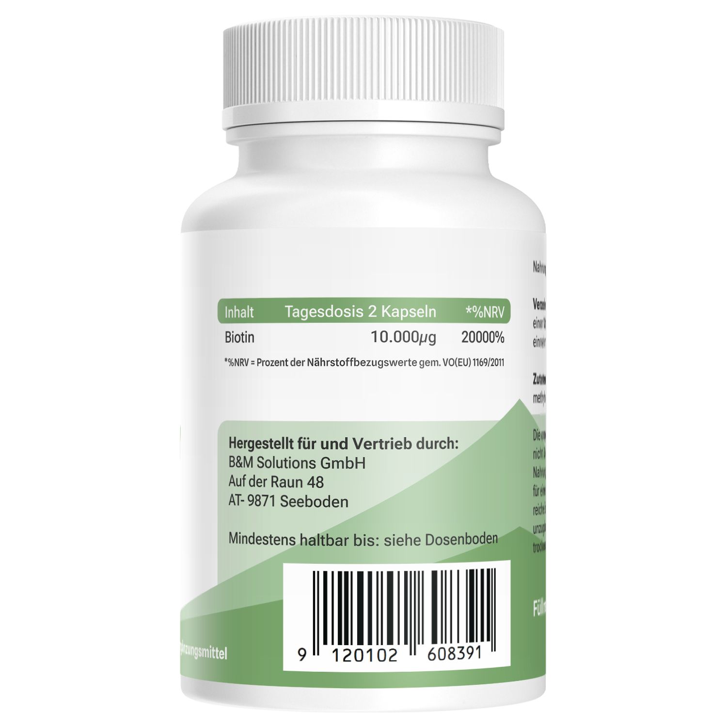 Weiße Flasche mit grünen Akzenten. Rückseite mit Text: Biotin 10.000µg, Herstellerinformationen, Mindesthaltbarkeitsdatum, Barcode. Deckel oben.