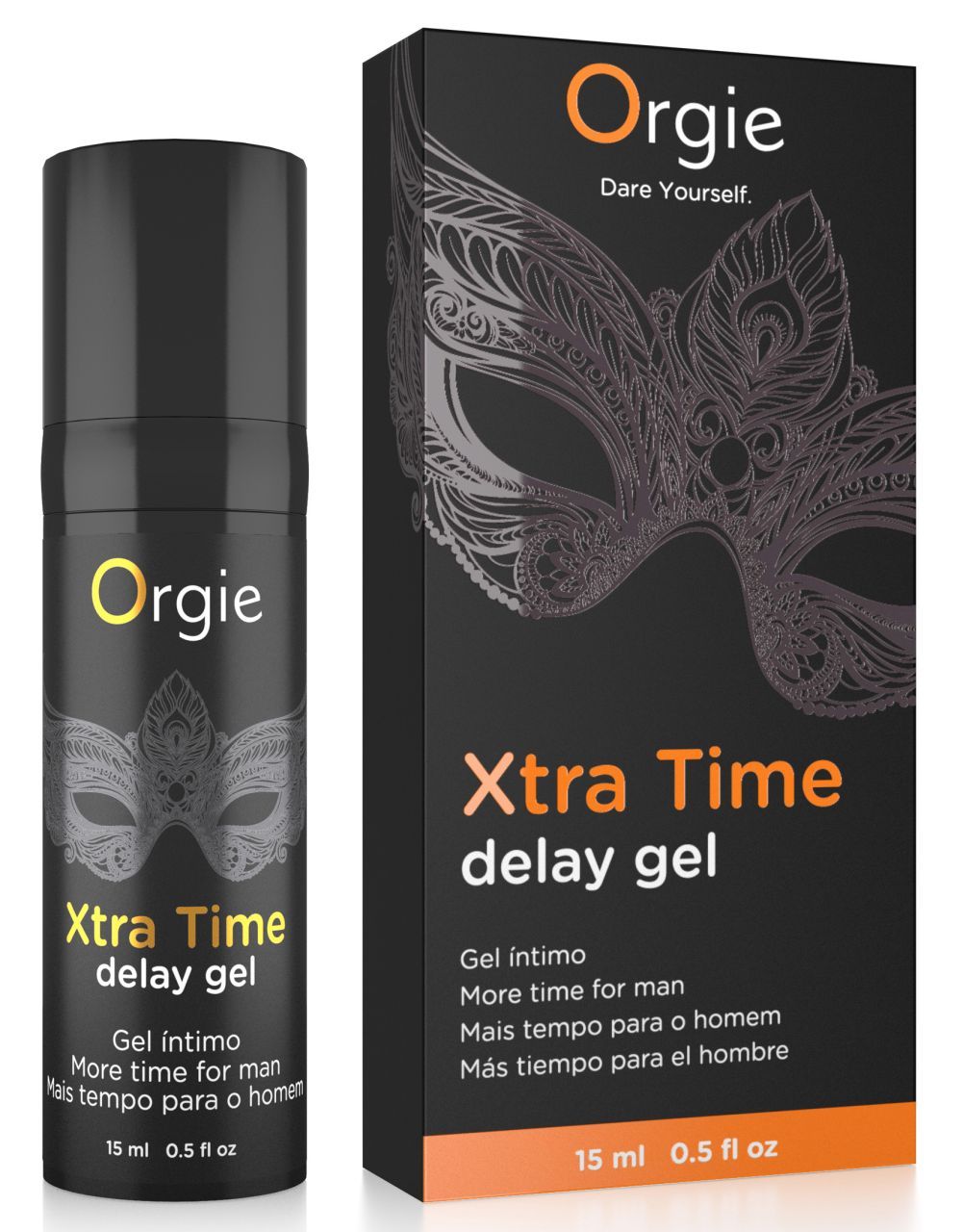 Schwarze Flasche und Verpackung. Text: Xtra Time delay gel. Marke: Orgie. Aufdruck: 15 ml 0.5 fl oz. Slogan: Dare Yourself.