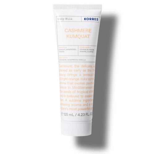 Körpermilch-Tube, weiß, mit Text. Marke: KORRES. Produktname: Cashmere Kumquat.