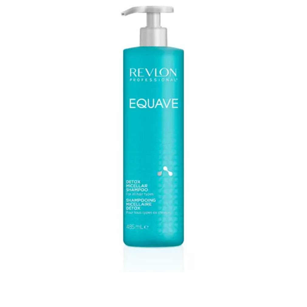Türkisgrüne Shampoo-Flasche mit Pumpe. Aufschrift: Revlon Professional, Equave, Detox Micellar Shampoo.