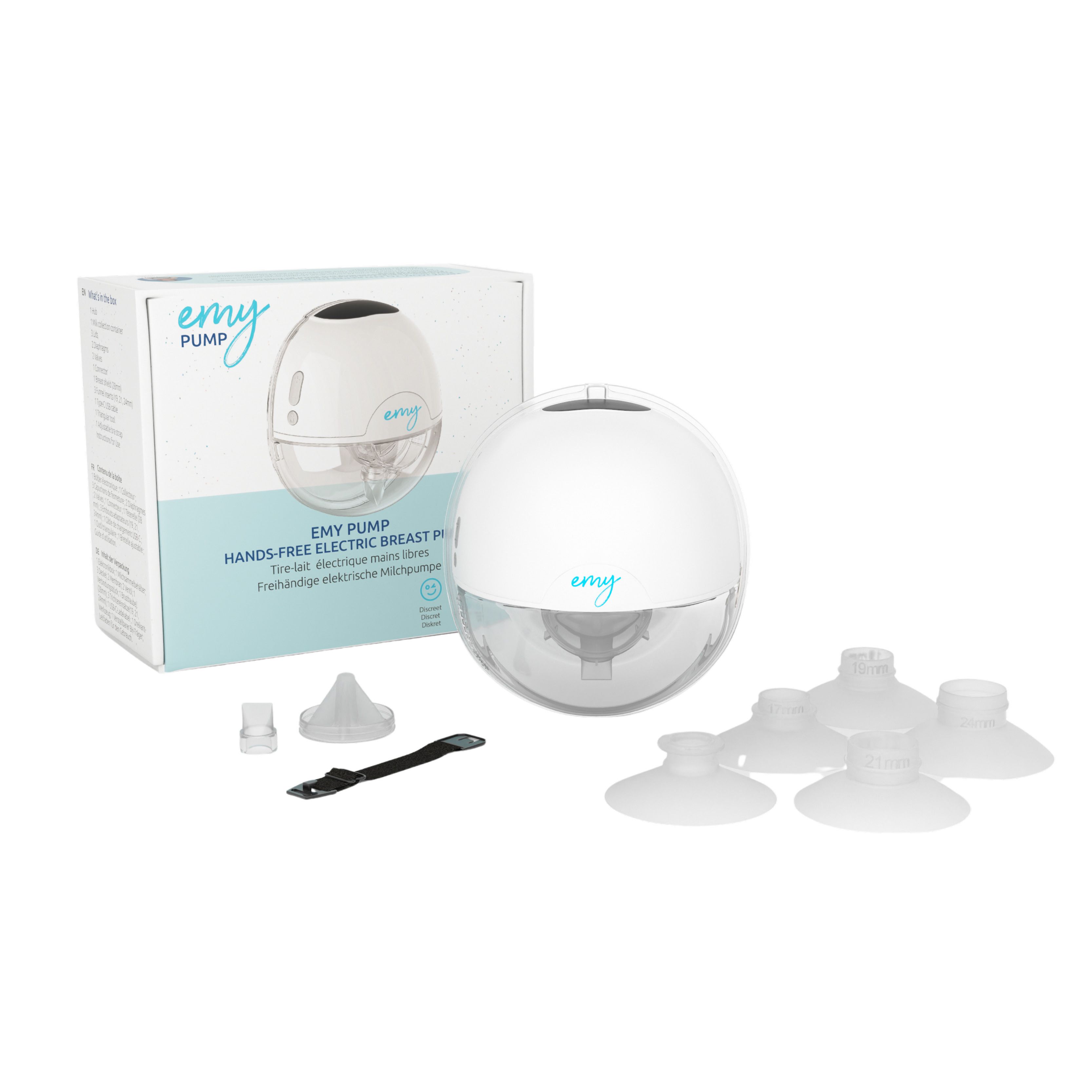 Emy Pump. Weiße, ovale elektrische Milchpumpe mit Zubehör und Verpackung. Enthält Sauger, Trichter, Flaschenadapter und Reinigungsbürste.