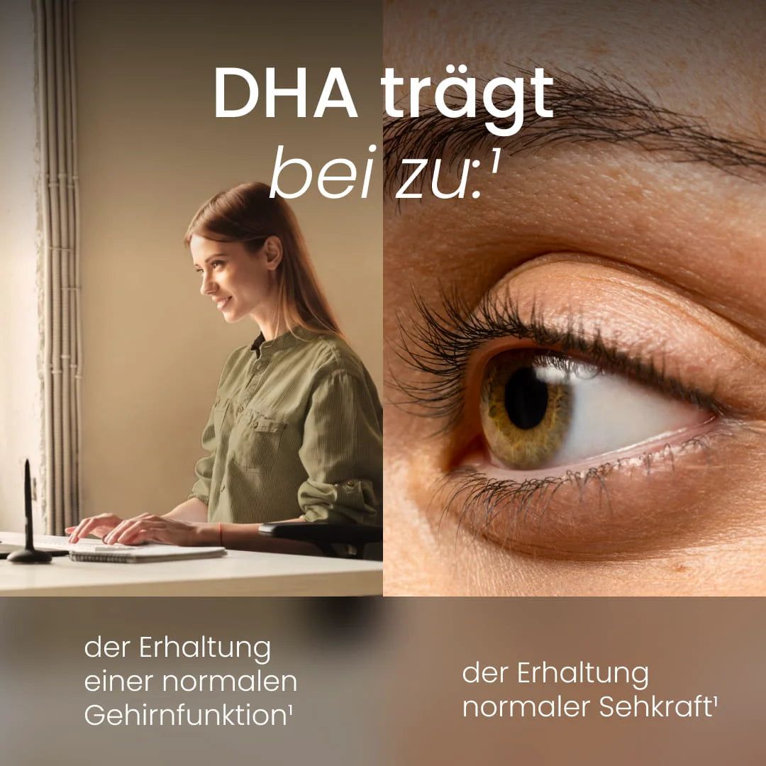 Frauen arbeiten am Laptop und ein Auge, die DHA unterstützt Gehirn und Sehkraft.